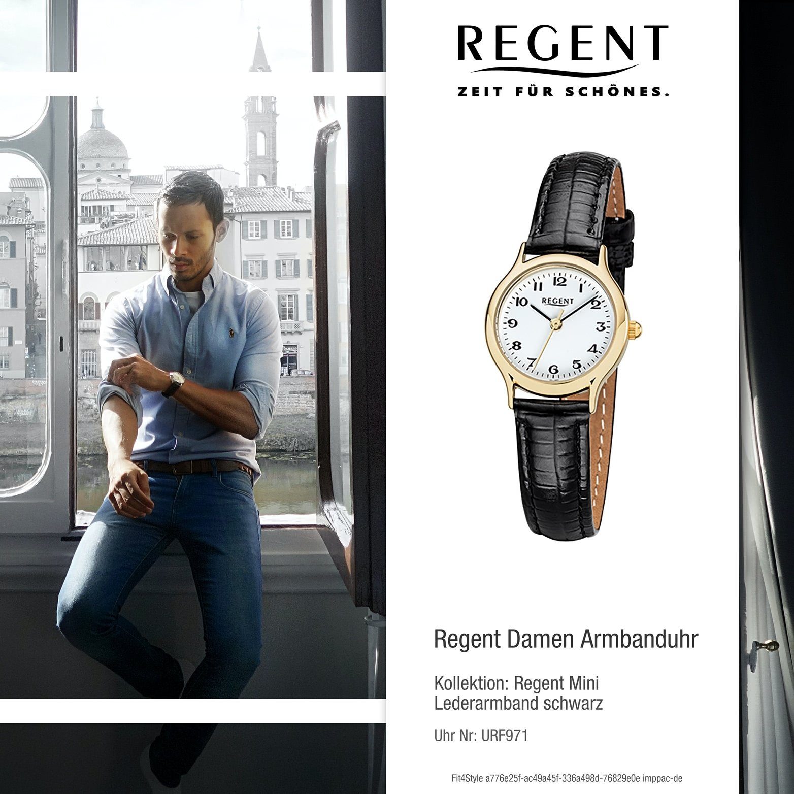 Regent Uhr mit Elegant-S Lederarmband, Quarzuhr, Damenuhr klein Gehäuse, Leder Regent F-971 (ca. Quarzuhr rundes 24mm), Damen