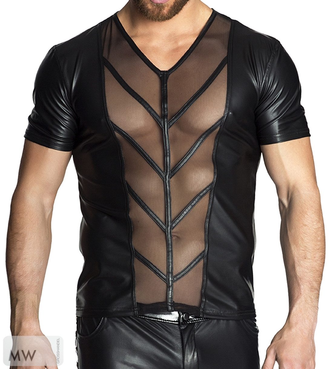 T-Shirt Schwarzes Herren Shirt teiltransparent aus wetlook Material und Tüll M