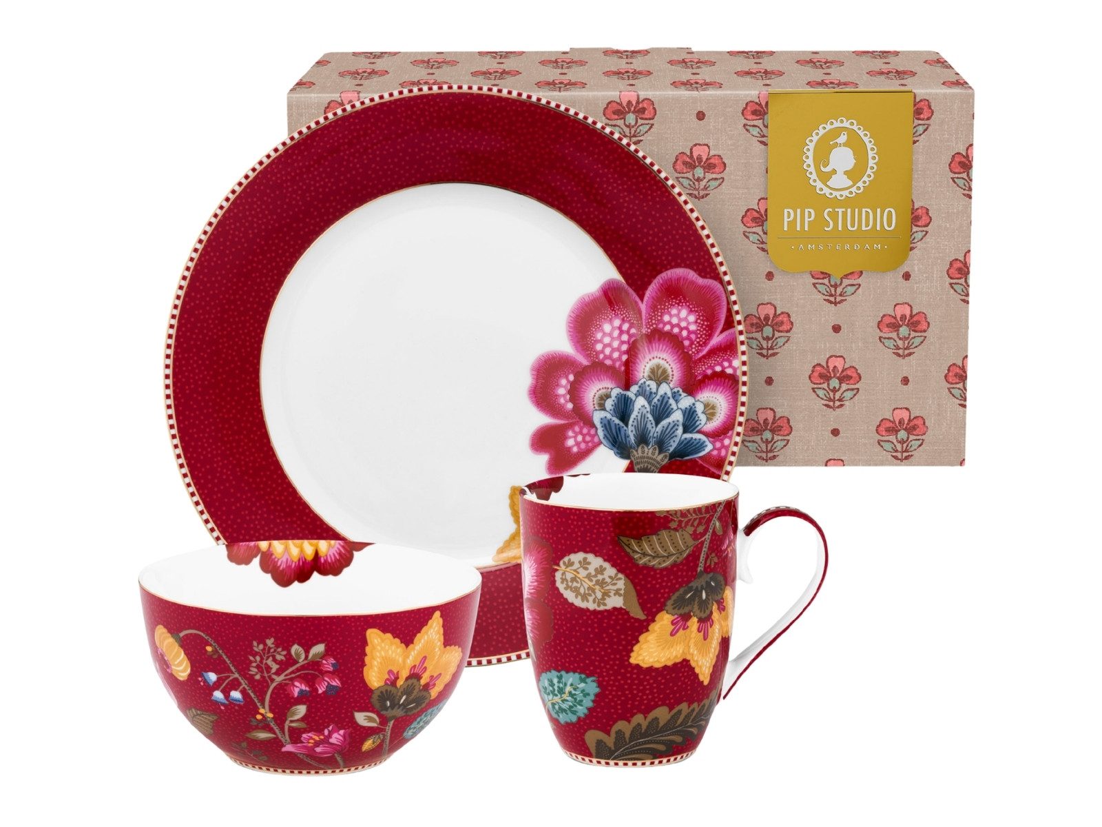 PiP Studio Geschirr-Set Blooming Tales Fantasy Dark Red Frühstücksset Set3, Porzellan