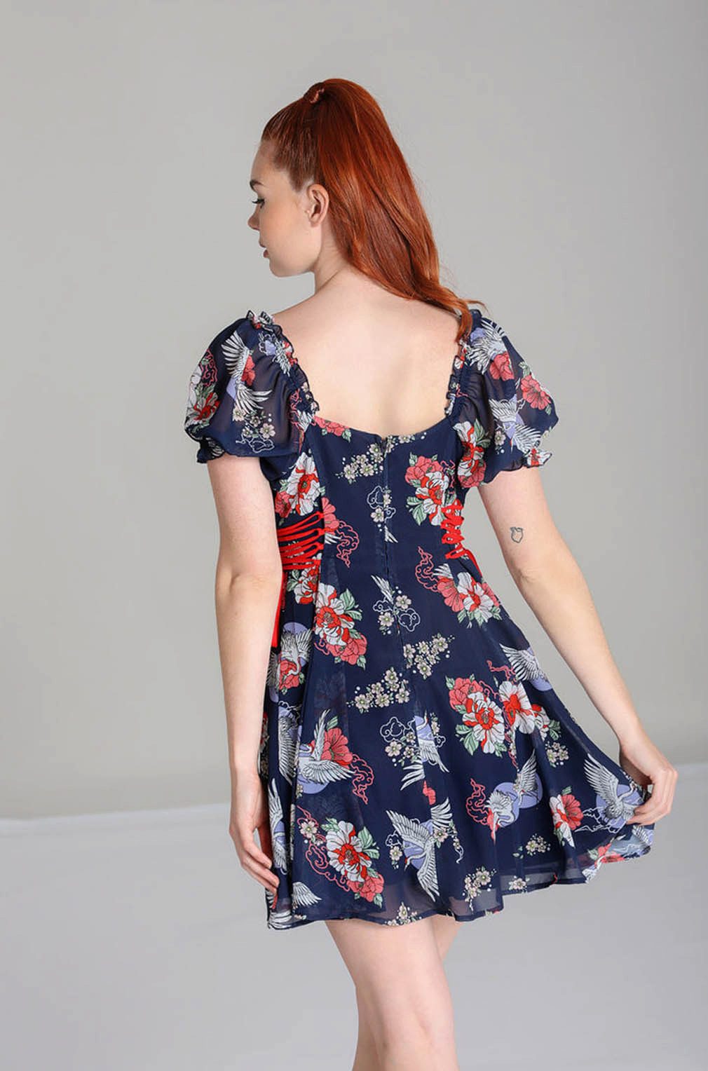 Hell Bunny Minikleid Misa Vintage Sommerkleid Schnürung Vögel Blumen Chiffon