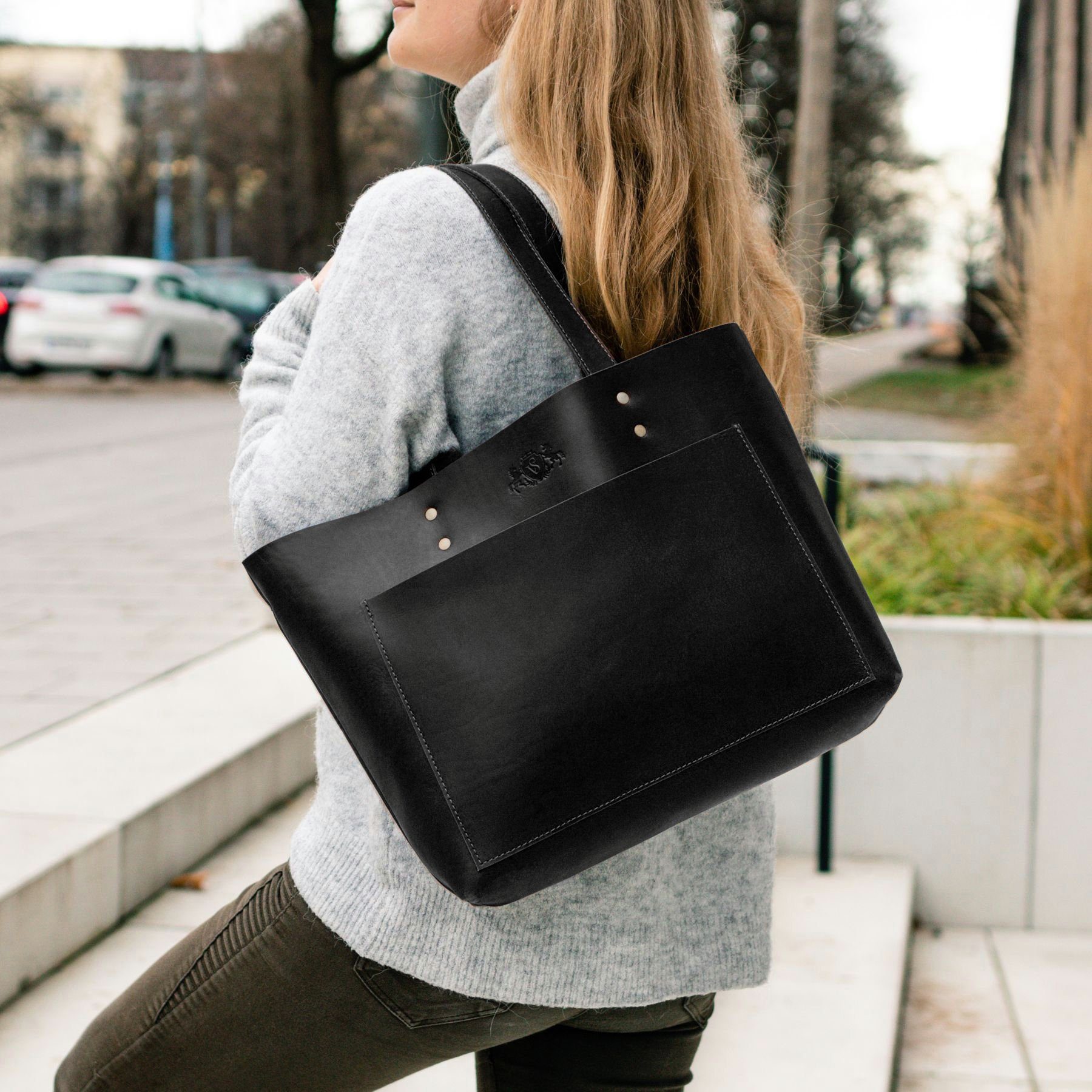 SID & VAIN Umhängetasche echt Leder Henkel groß Plugin Bag-schwarz, Henkeltasche Echtleder für Damen, Schultertasche schwarz