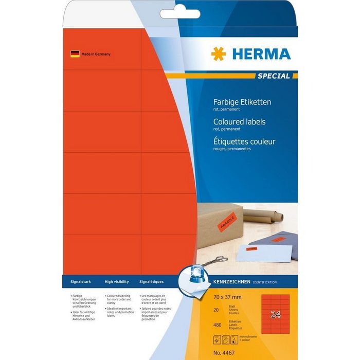 HERMA Formularblock HERMA Etiketten A4 rot 70x37 mm Papier matt 480 St.