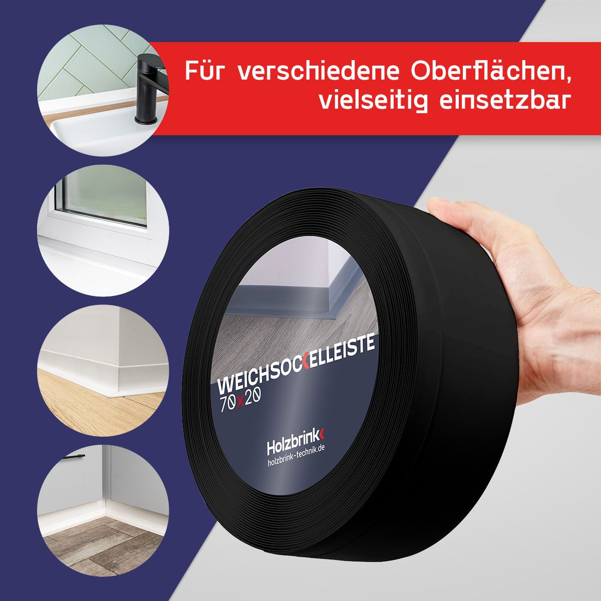 HOLZBRINK Sockelleiste PVC Weichsockelleiste selbstklebend 70x20mm Schwarz, L: 500 cm, 5m Rolle, Küchenabschlussleiste Arbeitsplatte, Fensterleiste, Fensterabdichtung