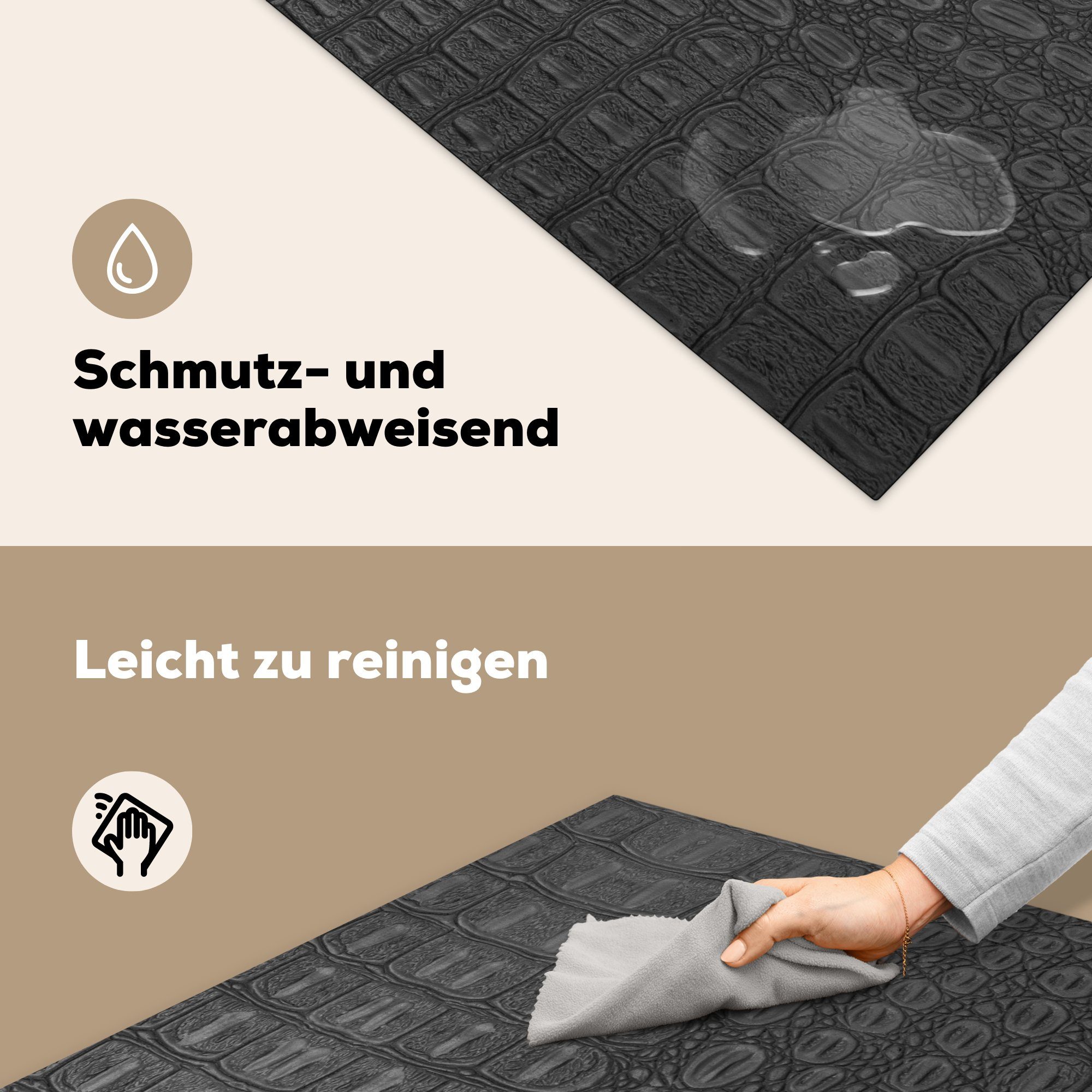 (1 küche - Arbeitsplatte 78x78 Tierhaut, Vinyl, Induktionsschutz Schwarz- MuchoWow Ceranfeldabdeckung, - Leder Herdblende-/Abdeckplatte tlg), cm, für