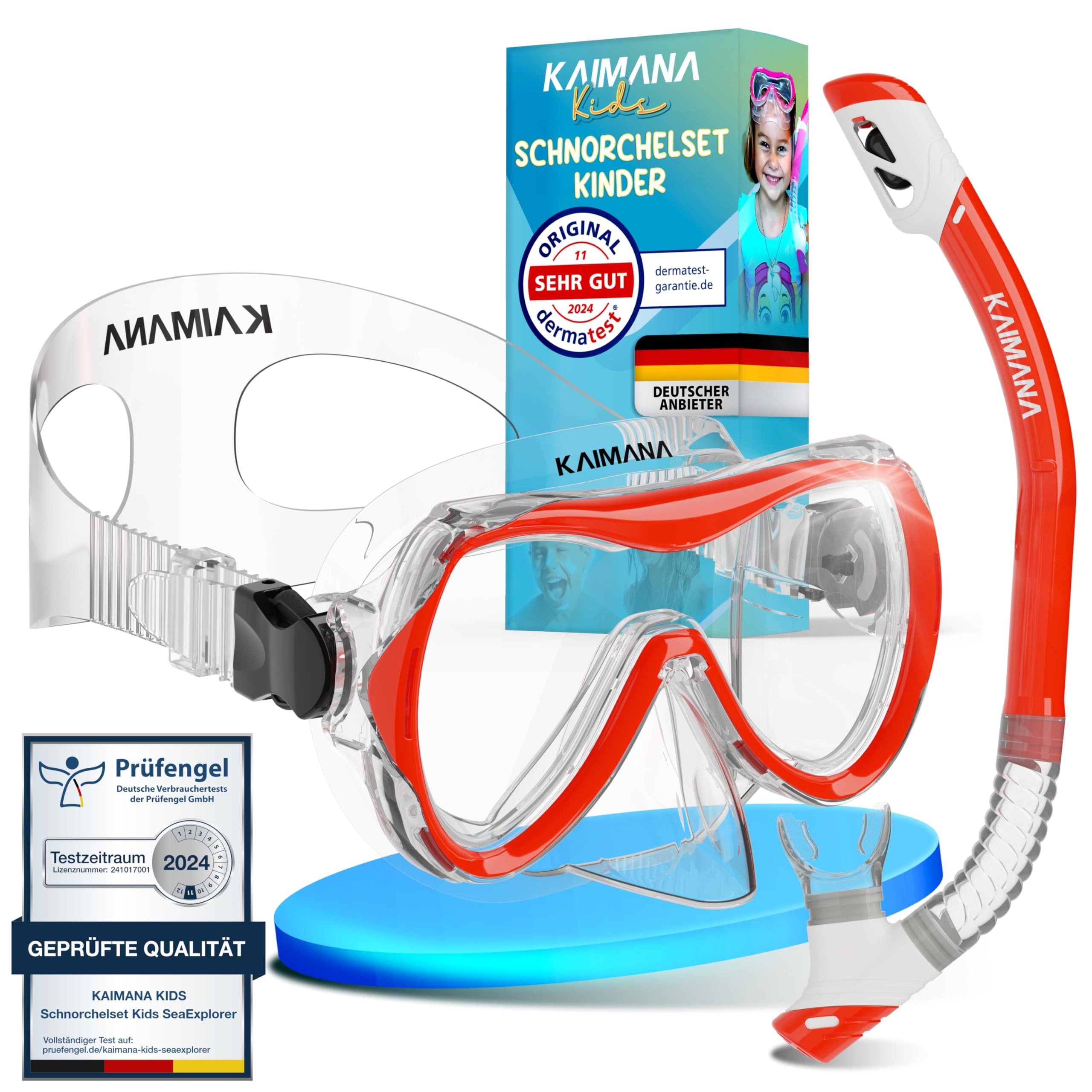 KAIMANA Tauchermaske SeaExplorer Schnorchelset Kinder inkl. Tragetasche, (Taucherbrille mit Schnorchel, Taucherbrille Kinder), Taucherbrille mit Stoffband/Silikonband