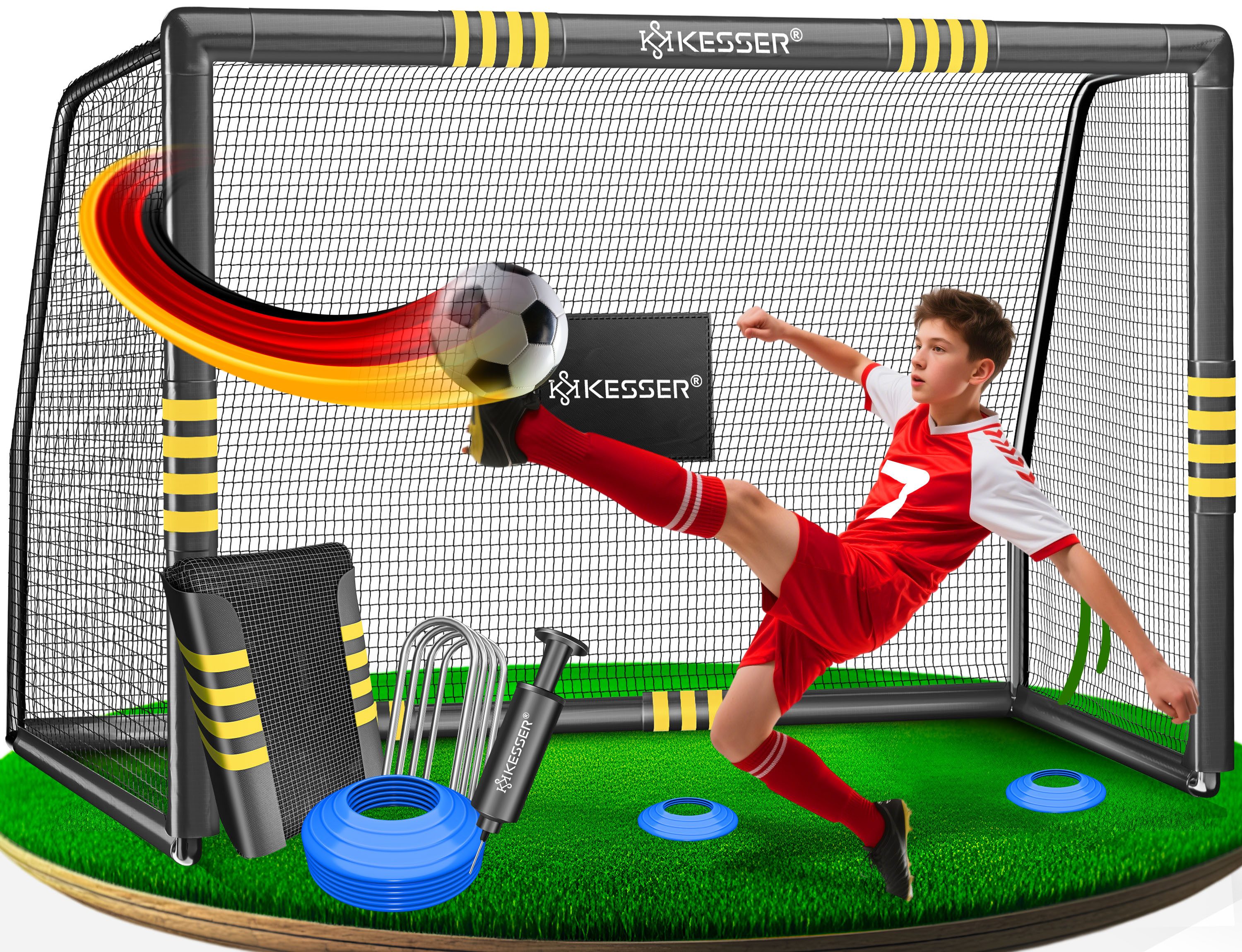 KESSER Fußballtor Hochwertiges Fussballtor mit optionaler Torwand Schusstraining (Stahlrahmen mit Polsterung, Erdhaken, Luftpumpe, Hüttchen), für Kinder und Erwachsene mit UV-beständigem Netz, Montagezubehör