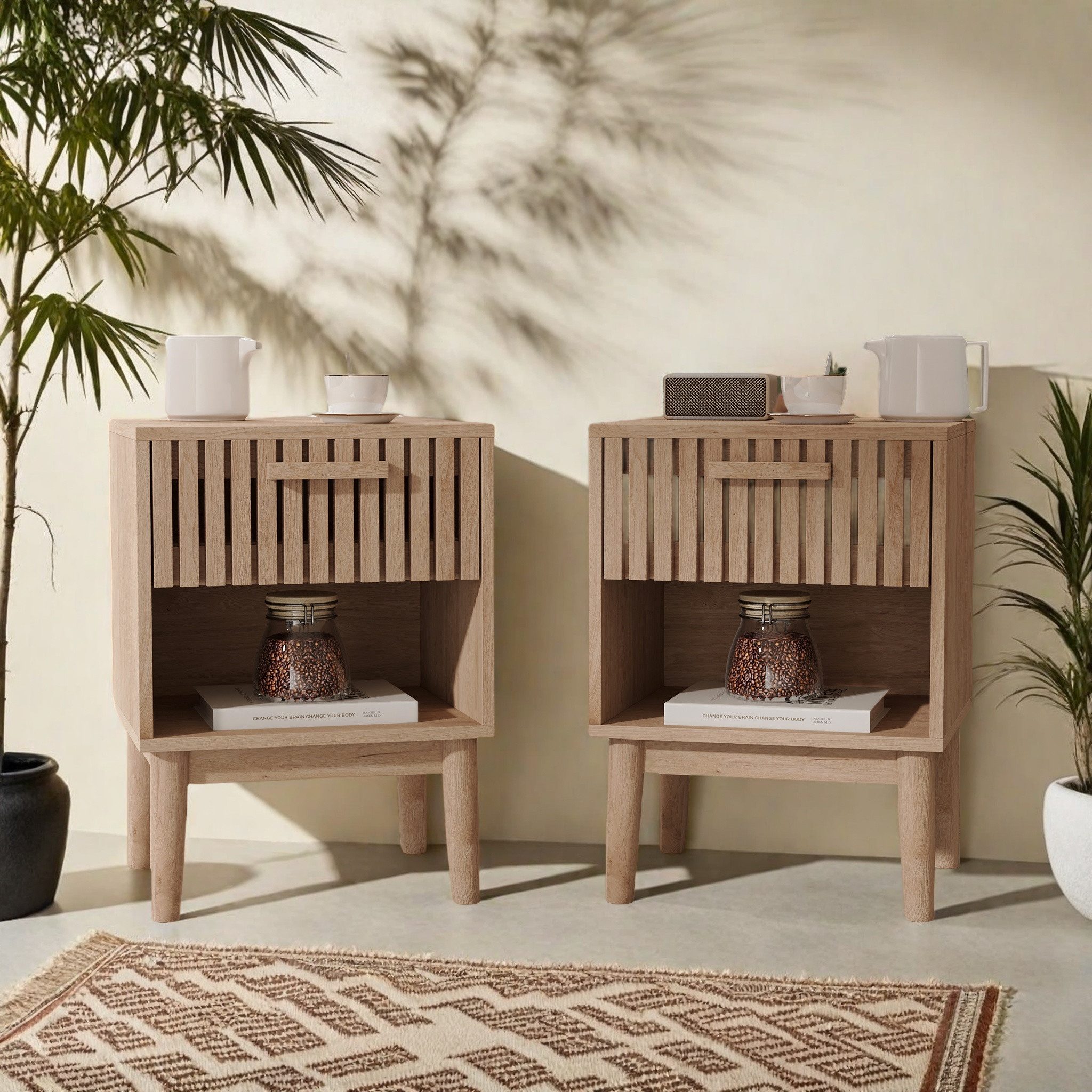 Simurq Nachttisch 2er Set, Nachtkommode mit Schubladen, Nightstand (2-St.Nachtschrank, Sofatisch für Wohnzimmer Schlafzimmer), 40 x 35 x 55 cm, Griffe aus Massivholz
