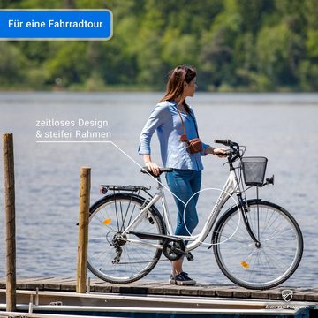 bergsteiger Cityrad Florenz 28 Zoll Damenfahrrad mit Korb, Beleuchtung, ab 160 cm, 7 Gang Shimano Tourney RD-TY21 Schaltwerk, Kettenschaltung