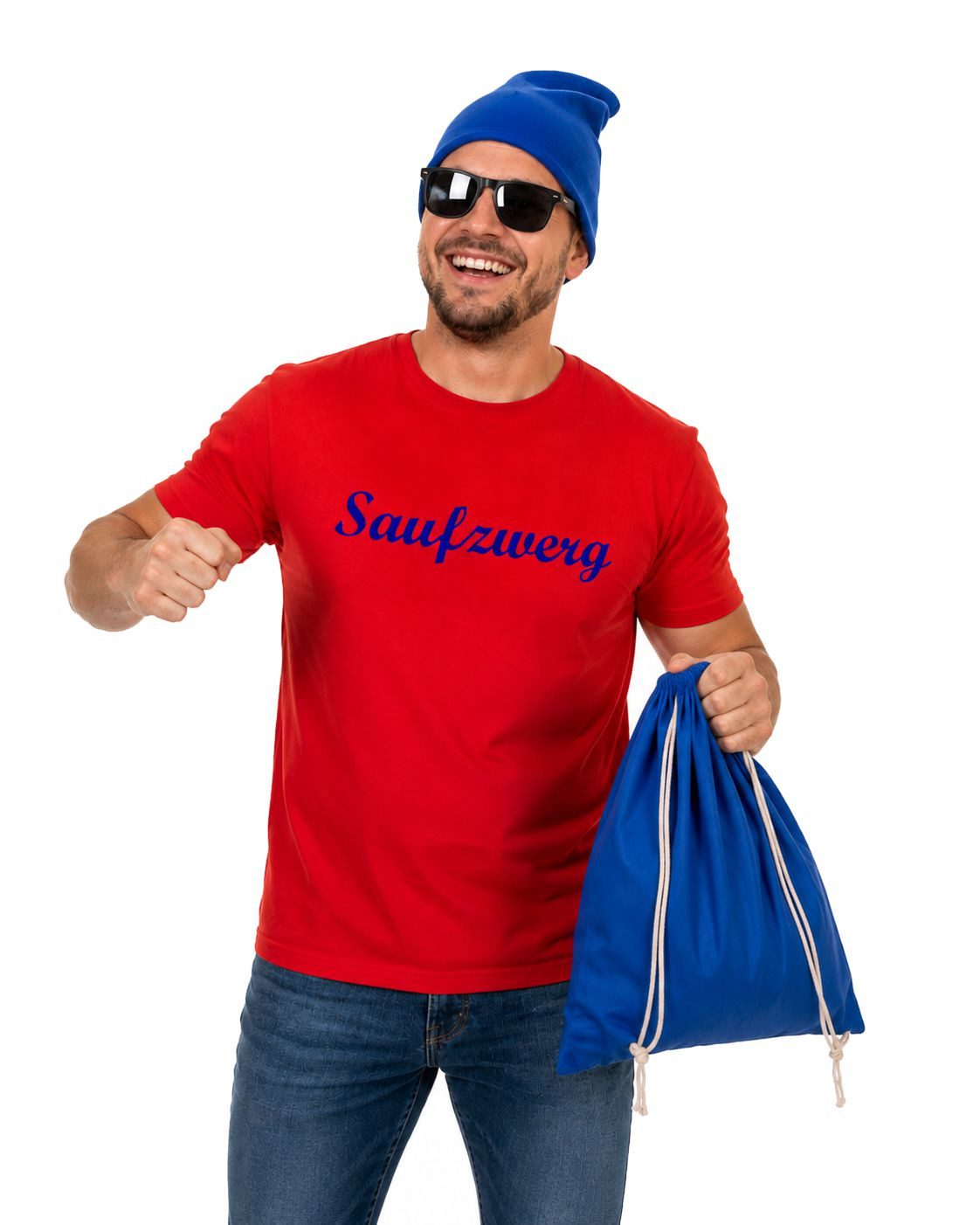 coole-fun-t-shirts Kostüm Saufzwerg Kostüm 3 Teile T-Shirt + Mütze + Sack Karneval Fsching, KARNEVALSKOSTÜM Saufzwerg Zwergenmütze + Zwerg T-Shirt + Sack