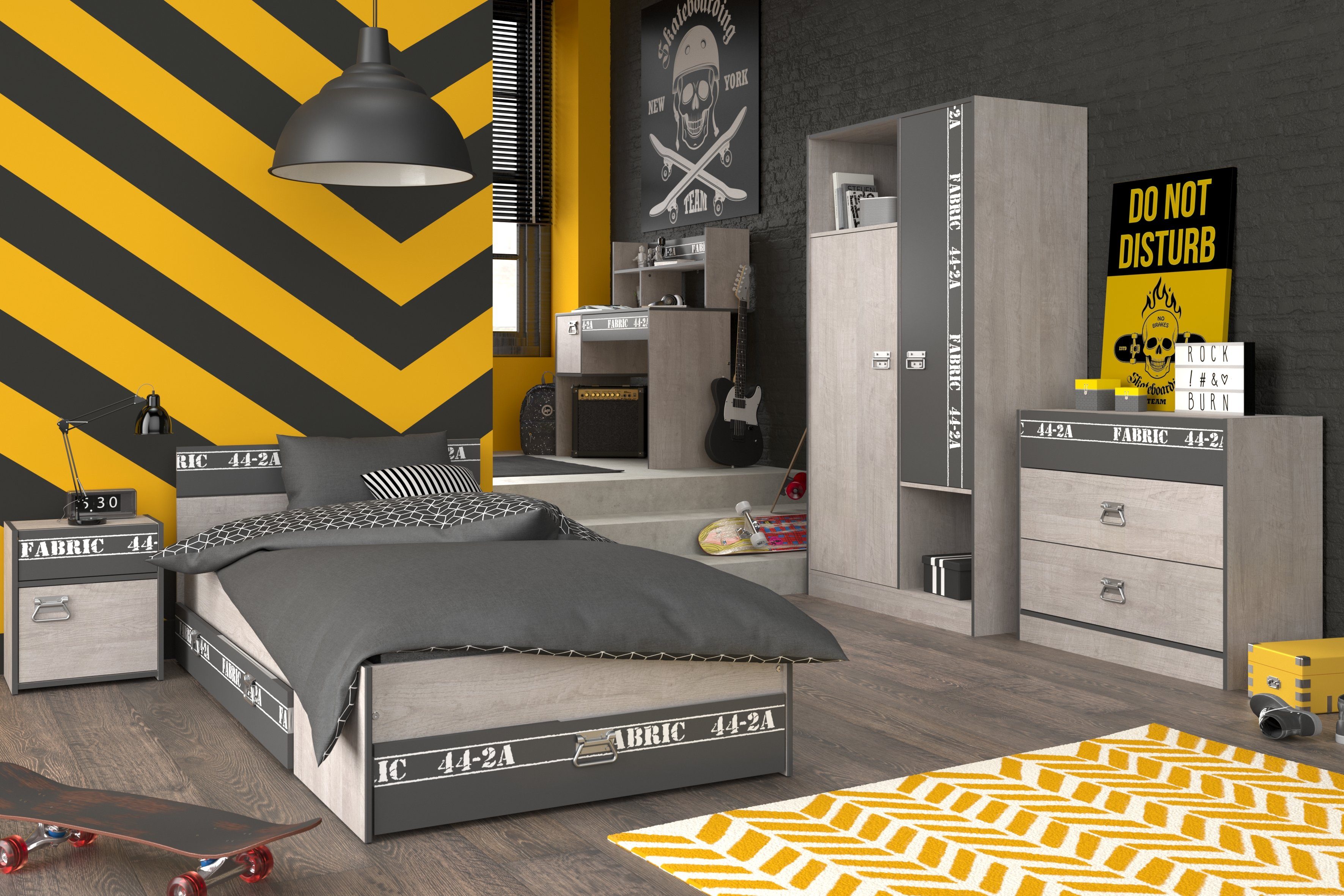 Faizee Möbel Jugendzimmer-Set Fabric 11 Parisot Kinderzimmer grau Schrank Bett Tisch Nako SKkommode, (6-tlg)
