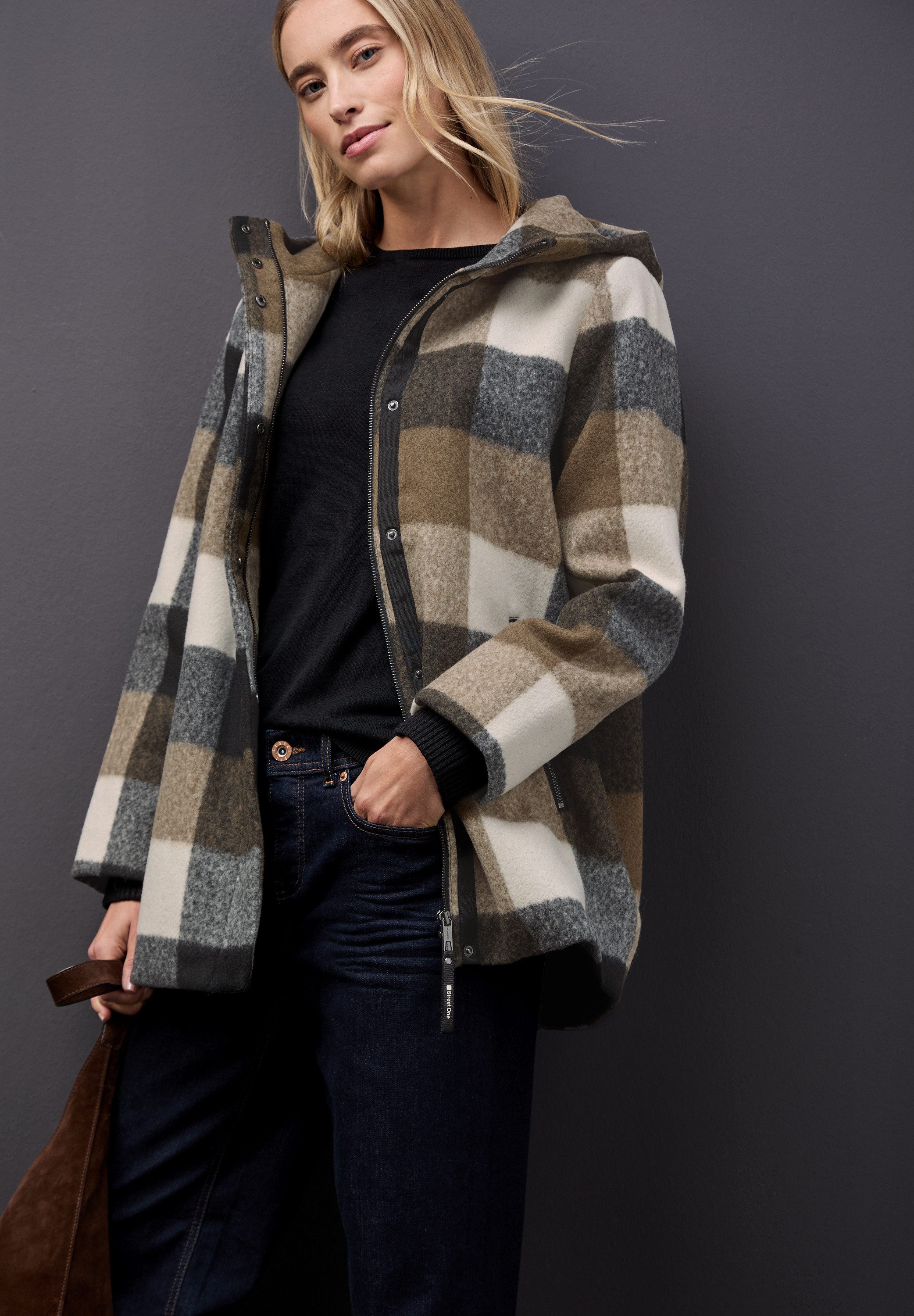 STREET ONE Strickfleecejacke mit Kapuze, kariert günstig online kaufen