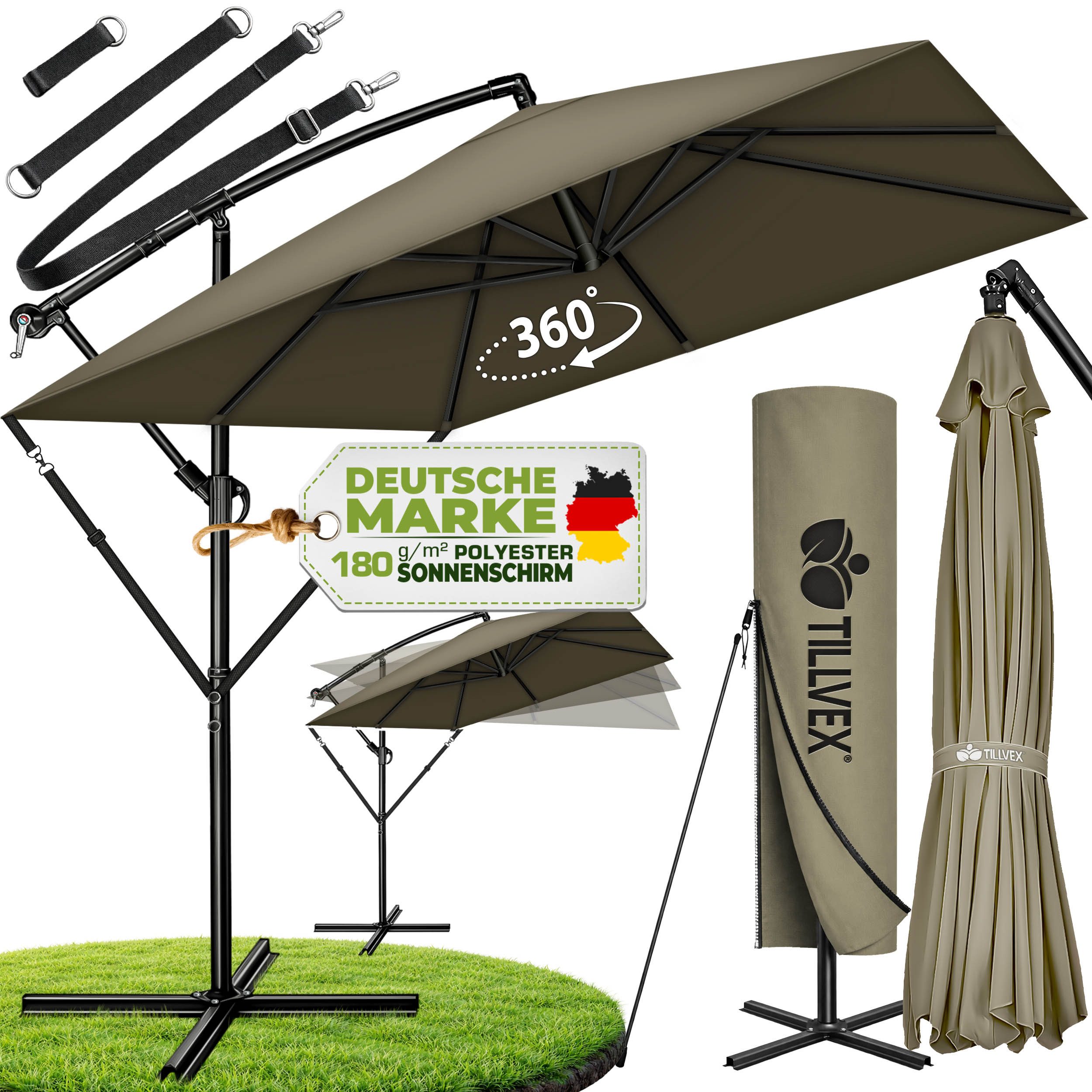 tillvex Sonnenschirm tillvex® Sonnenschirm eckig 235 x 235 cm Ampelschirm Gartenschirm, Kurbelschirm Marktschirm wasserdicht 360° drehbar, mit Kurbel & Windschutz Gartenschirm Aluminium, Alu Ampelschirm Ø 330 cm Rechteckig + Abdeckung