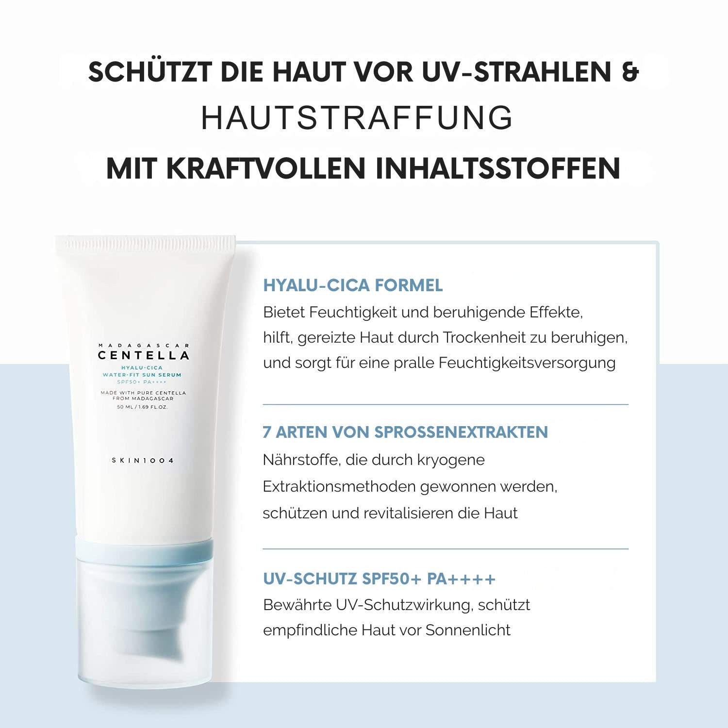 SKIN1004 Sonnenschutzcreme Madagascar Centella Hyalu-Cica Water-Fit Sun Serum, SPF50+ PA++++, – Hoher UV-Schutz & Feuchtigkeit – 50 ml