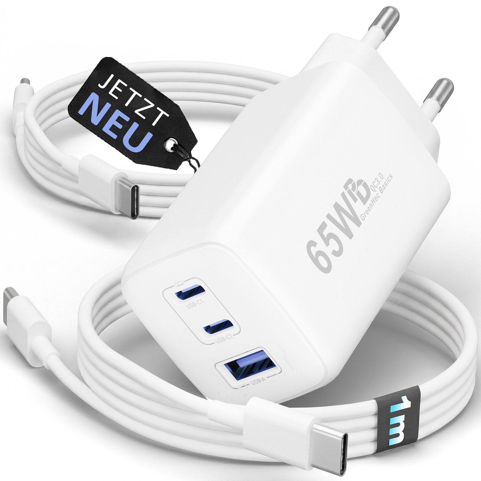 GreenHec 65w USB-C Ladegerät 3-Port Mehrfach Schnellladegerät GAN Netzteil Schnelllade-Gerät (50 mA, Spar-Set, Universelle Kompatibilität, + Ladekabel Fast Charger Adapter Macbook Ladestation Type C + USB-AA)