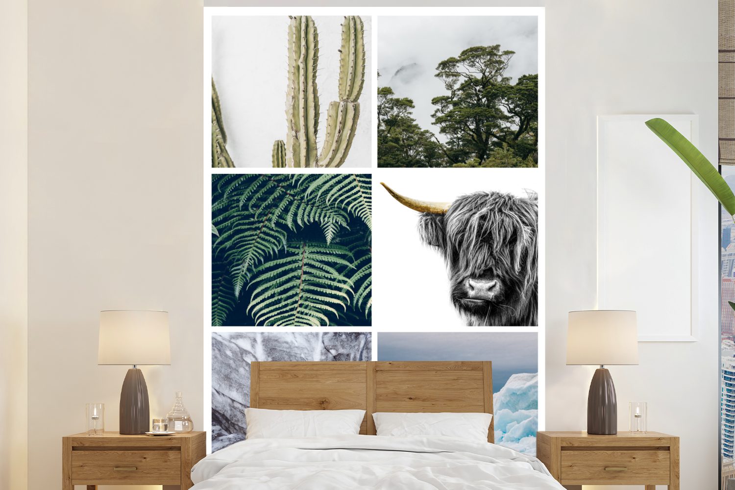 MuchoWow Fototapete Schottischer Highlander - Collage - Kaktus - Pflanzen, Matt, bedruckt, (3 St), Montagefertig Vinyl Tapete für Wohnzimmer, Wandtapete