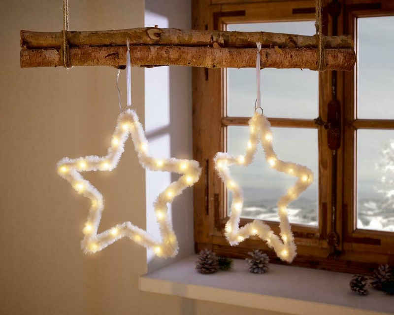 Home-trends24.de Dekohänger LED Hänger Plüsch Stern Weihnachtsdeko Fenster Deko Weiß 2er Set