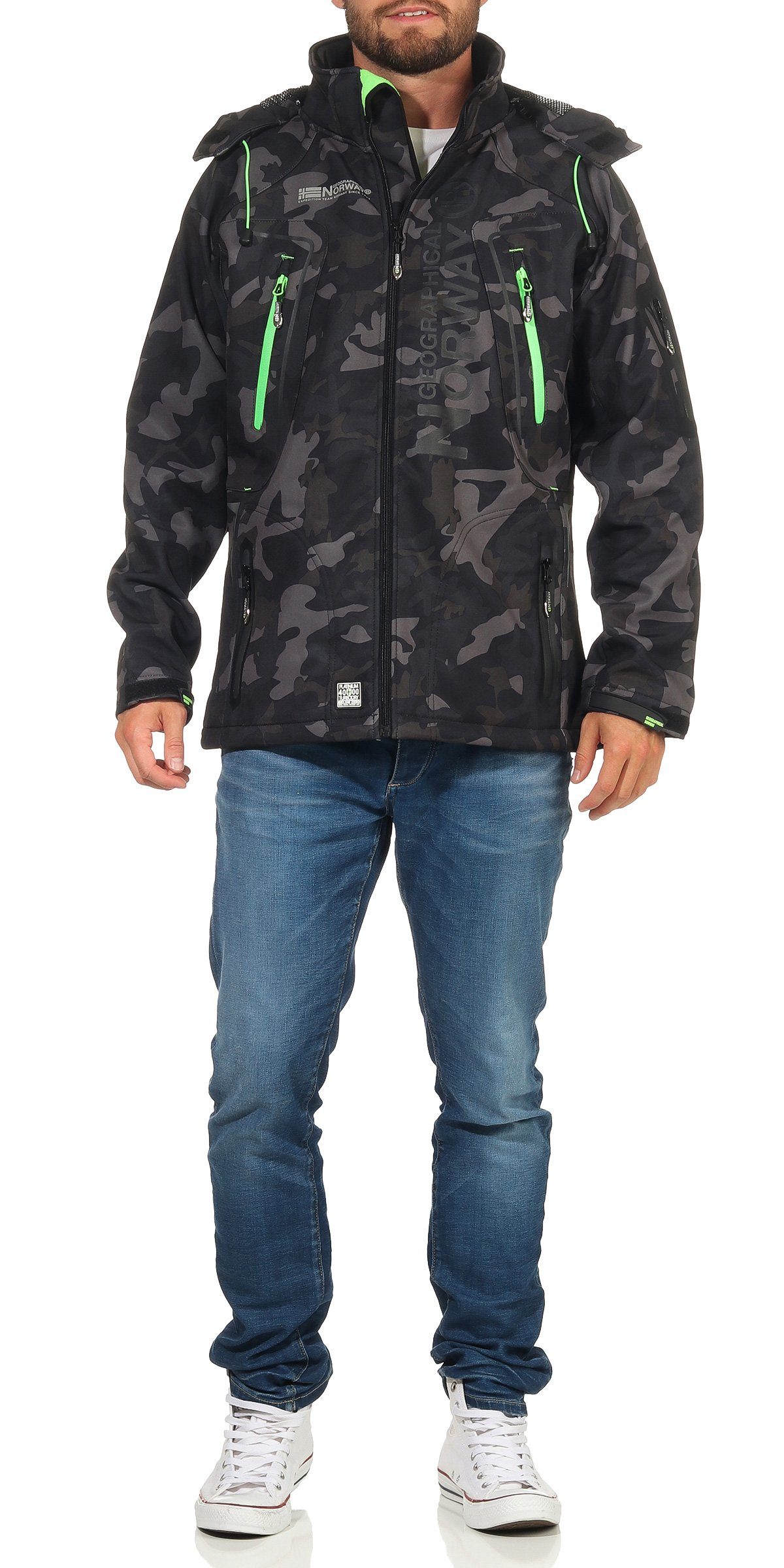 Geographical Norway Softshelljacke Herren Softshell Wander Sport Übergangsjacke Trekking Jacke in Unifarbe, mit abnehmbarer Kapuze, mit Stehkragen