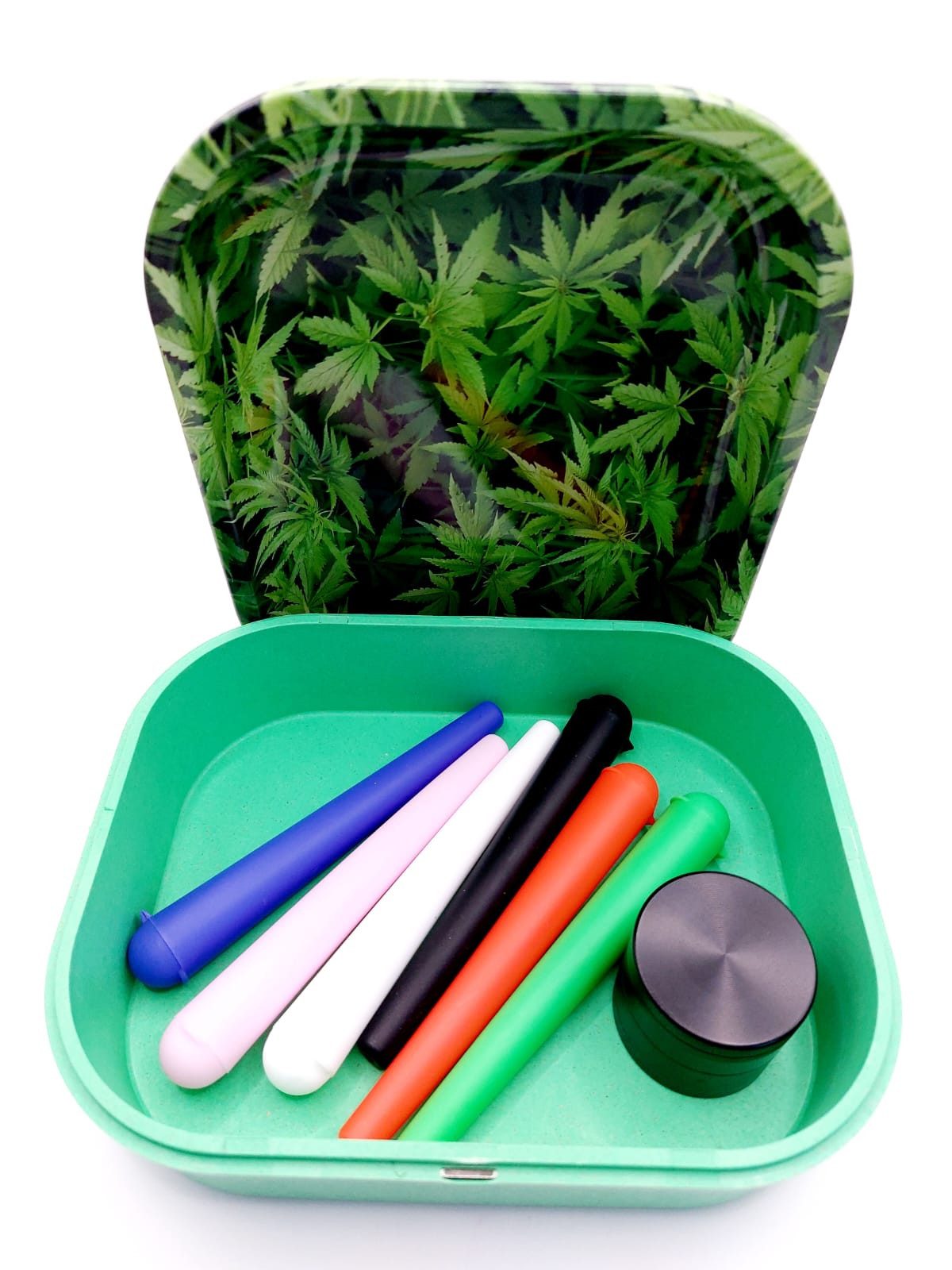 meytrade Geschenkbox Set Cannabis Rolling Tray Tablett + Grinder + 6 x Joint Hülle