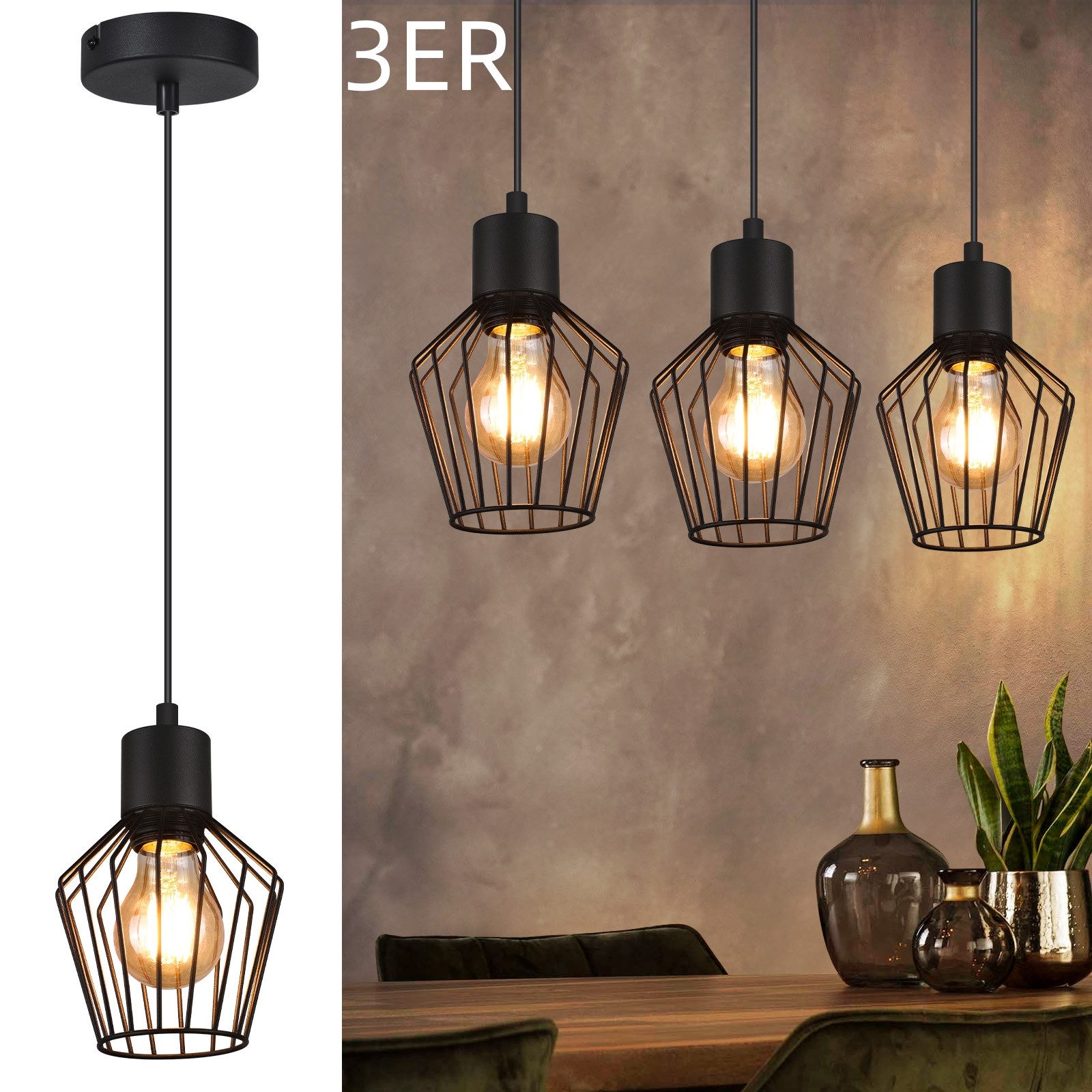 ZMH Pendelleuchte Esszimmer Schwarz 1 Flammig Industrie Esstisch Hängend Lampe für Küche, Robuste Struktur, ohne Leuchtmittel, Einstellbare Länge MAX. 40W Schlafzimmer Cafe
