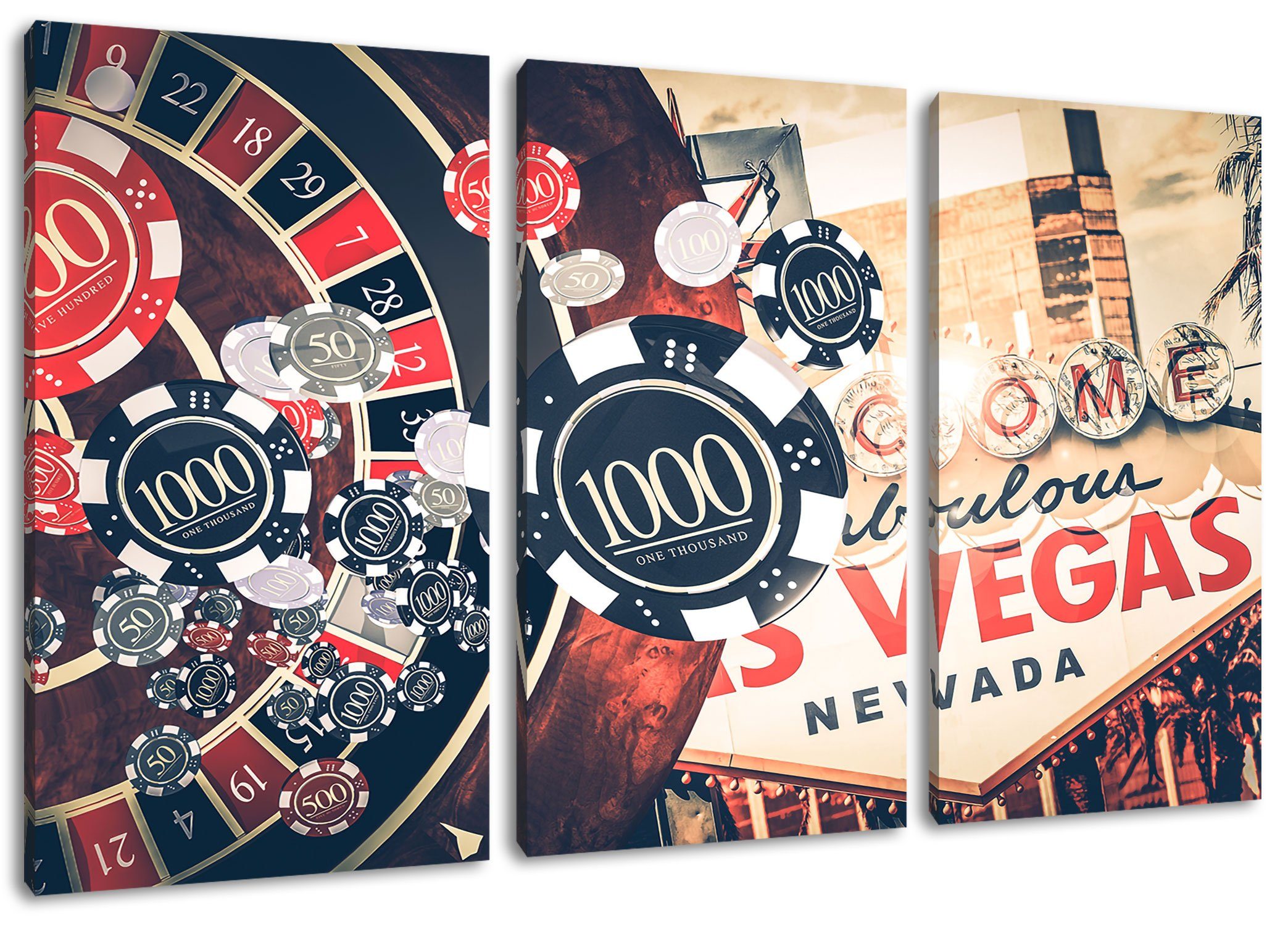 Las Pixxprint Vegas Casino inkl. Vegas Zackenaufhänger (120x80cm) Roulette, fertig 3Teiler Casino bespannt, Las Roulette St), Leinwandbild Leinwandbild (1