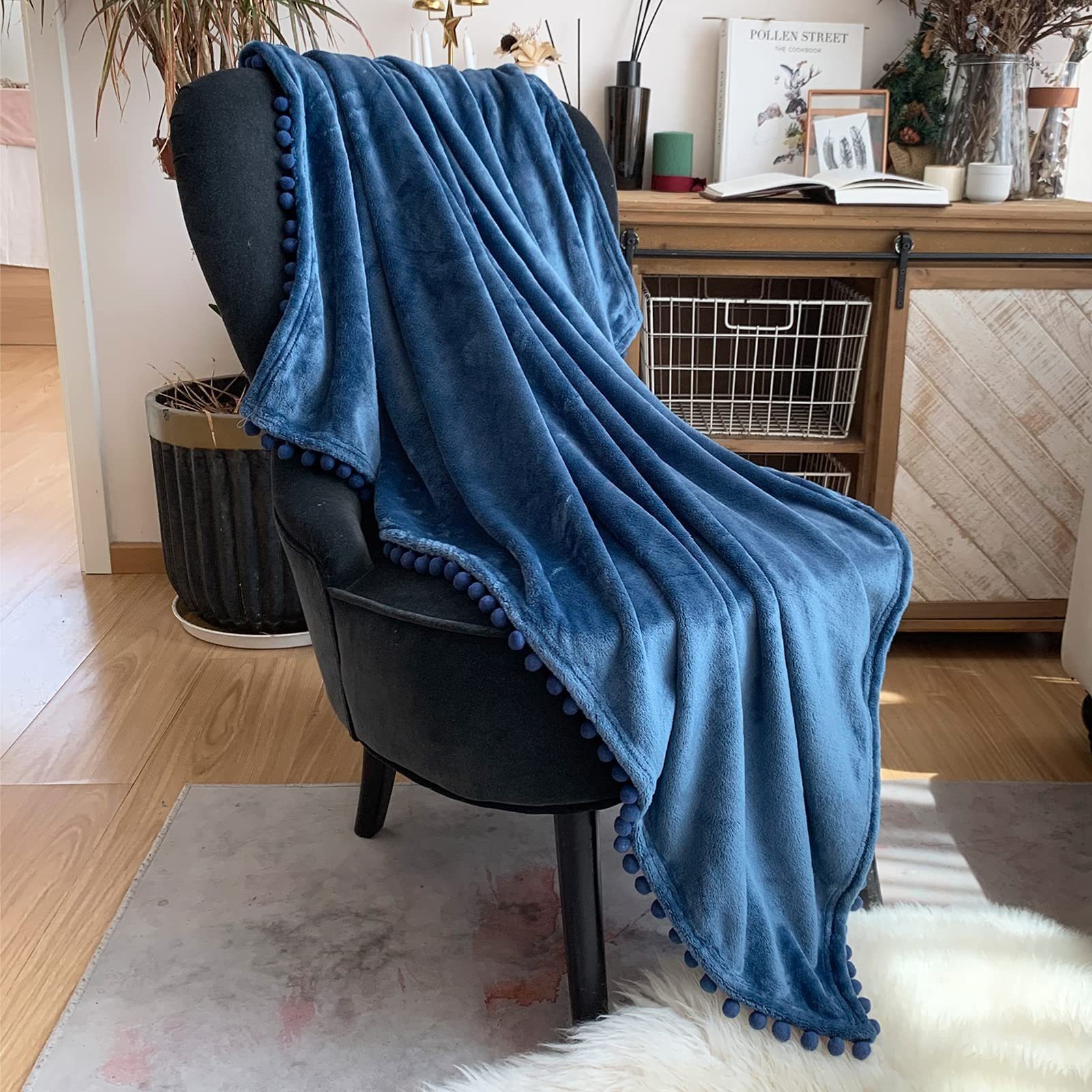 Decke Wohndecke Decken weich flauschig, Couch warm BTTO, und Kuscheldecke, Fleecedecke Wohndecke Flanell Pompoms für Blau Sofa