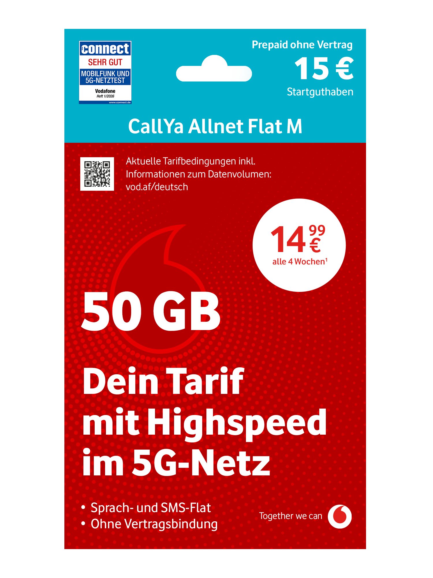 Vodafone CallYa Allnet M Prepaidkarte, (Jetzt 50 GB, 15 € Startguthaben, ohne Vertrag, 5G, Allnet-Flat)