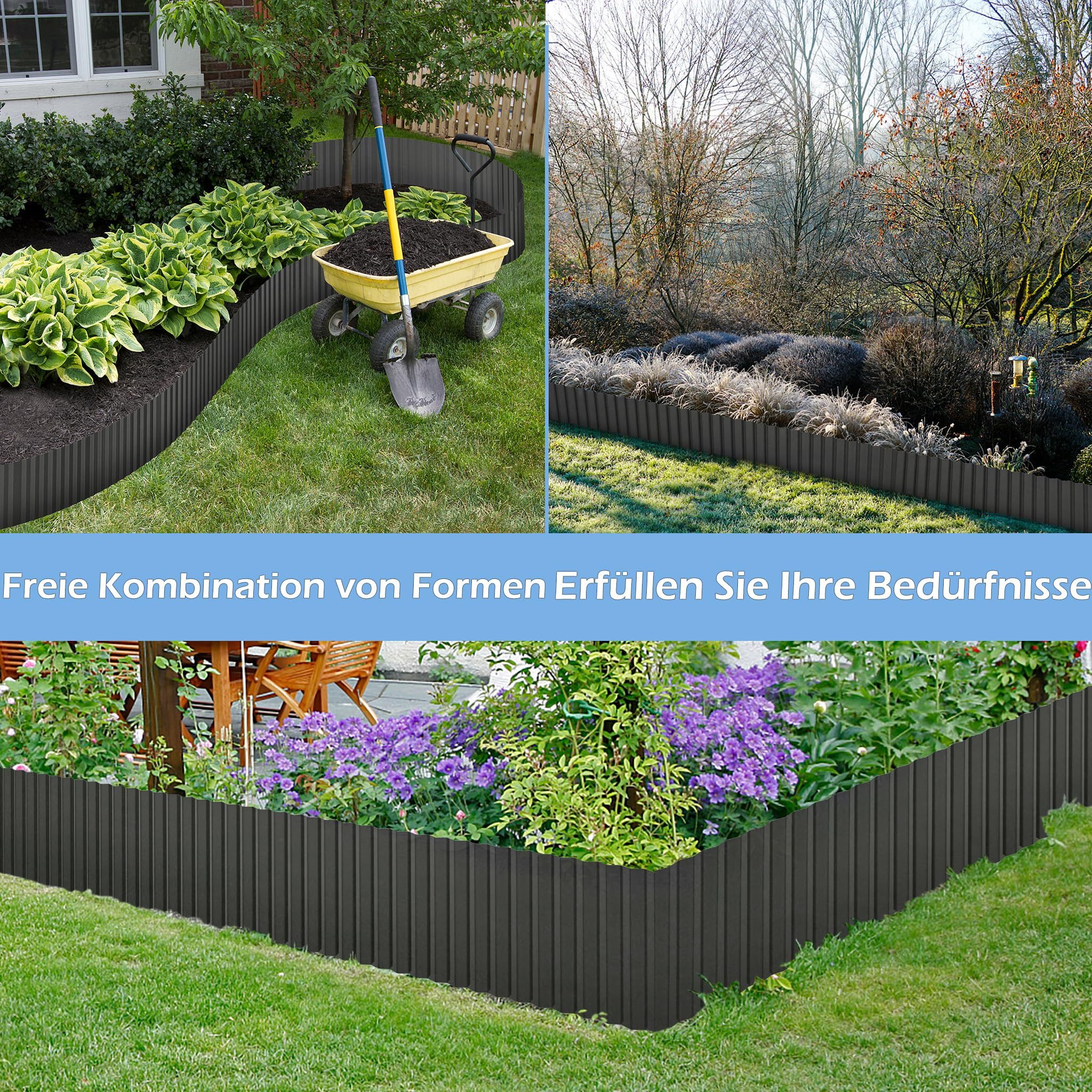 FIVMEN Rasenkante Beetbegrenzung aus Metall Beetumrandung Verzinkt 5m/10m Lang, Farben: Silber/Schwarz/Rost, 15cm/18cm Hoch, Rasenbleche Mähkante Flexible Rasen Umrandung