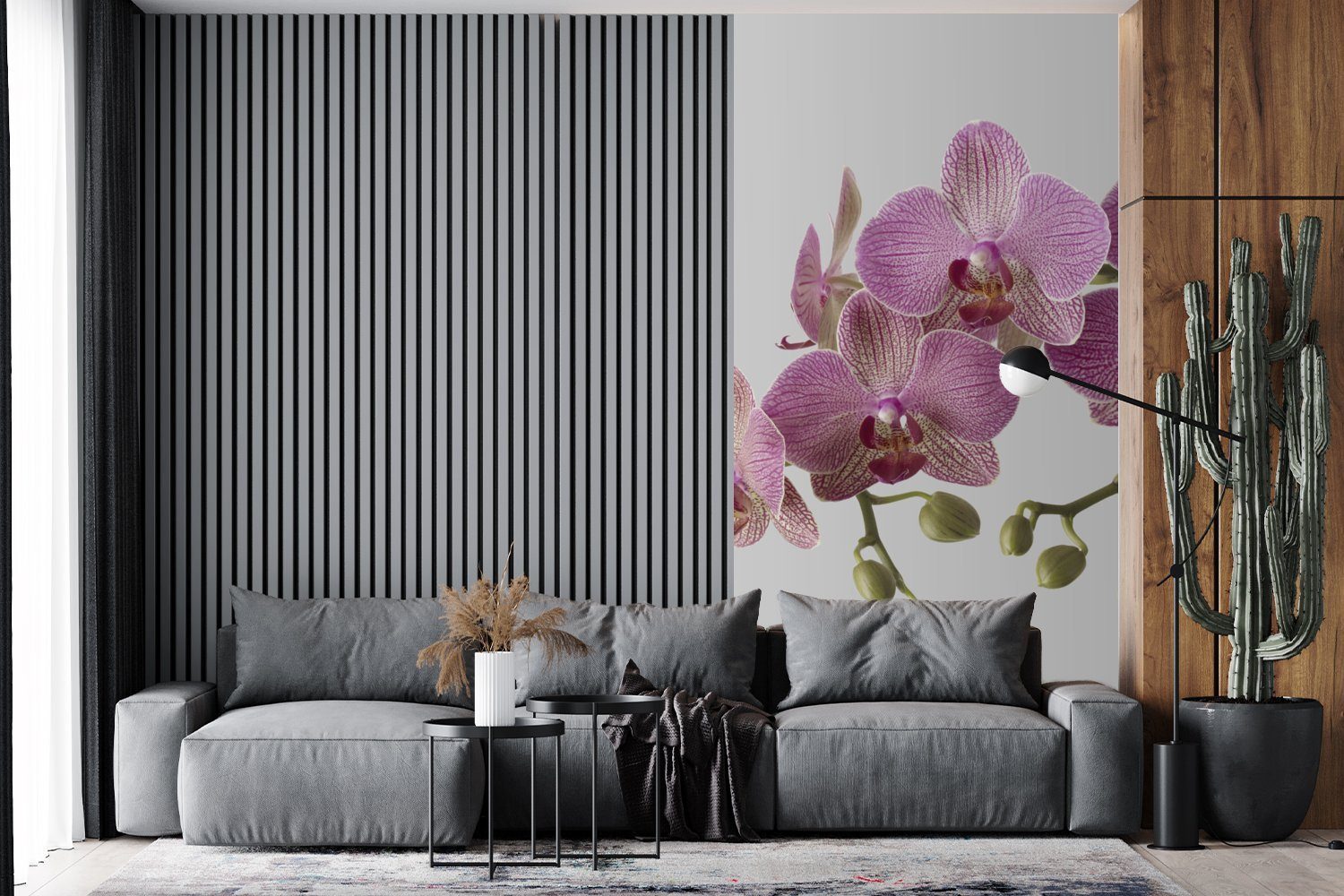 Fototapete für grauem Hintergrund, Orchideen Vliestapete MuchoWow (2 Küche, St), Schlafzimmer bedruckt, Fototapete auf Wohnzimmer Matt,