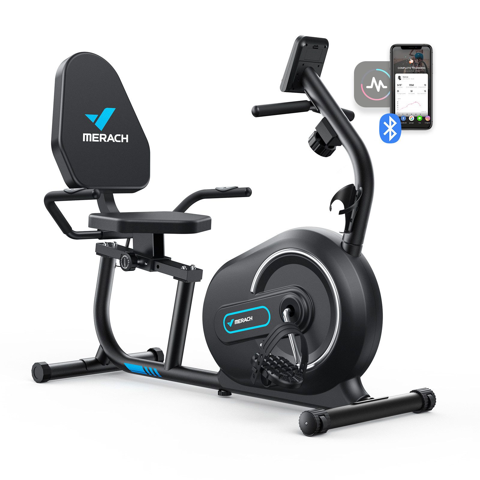 MERACH Liege-Heimtrainer für Zuhause mit 8 verstellbaren Widerstandsstufen (Leise Liegerad Heimtrainer mit Bluetooth, Exklusiver App, LCD-Display, Herzfrequenzsensoren, verstellbarer Rückenlehne und Tablet-Halterung), für Senioren max. Benutzergewicht 136 kg