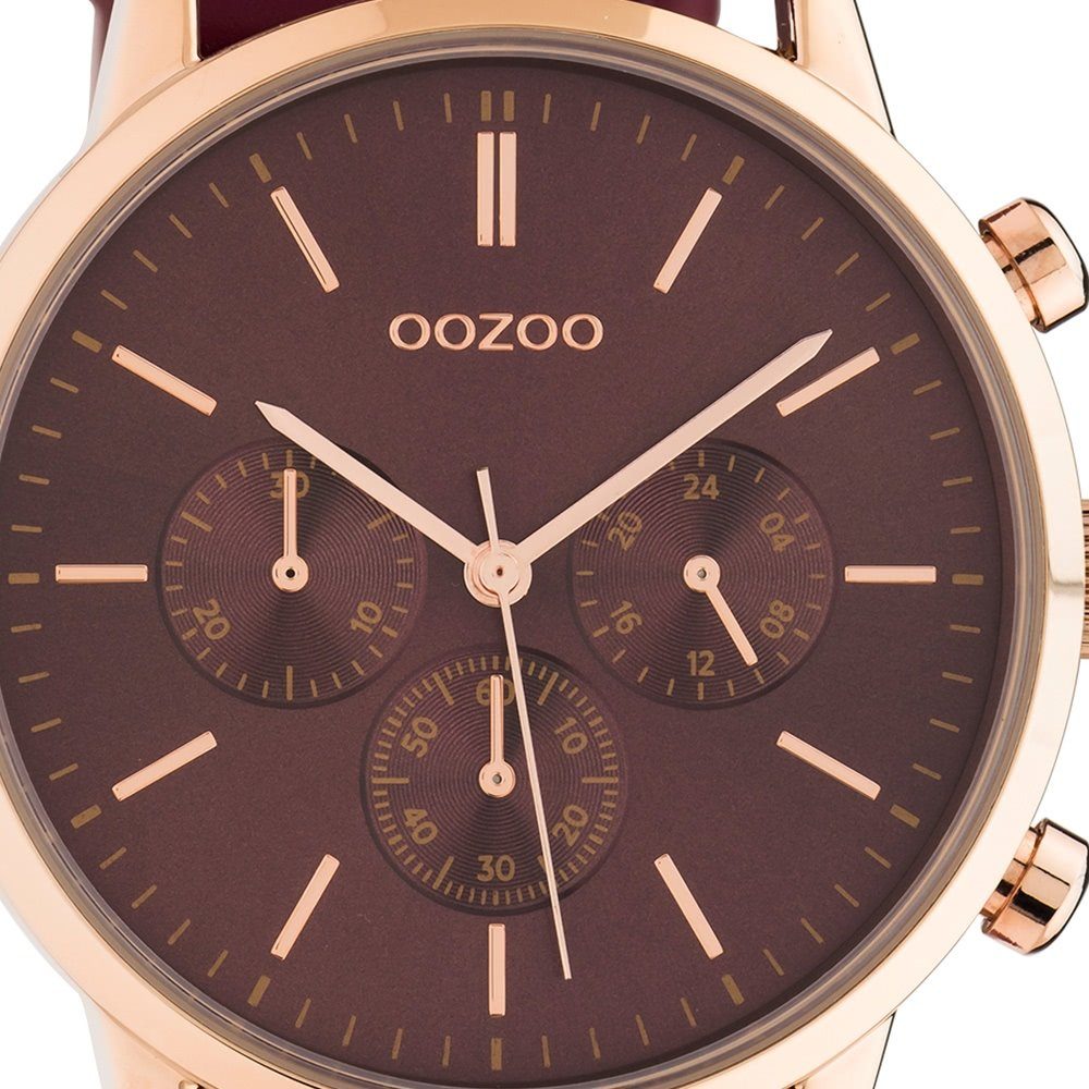 weinrot Damenuhr Damen Oozoo (ca. Armbanduhr Lederarmband, groß 40mm) Analog, rund, Quarzuhr Fashion-Style OOZOO