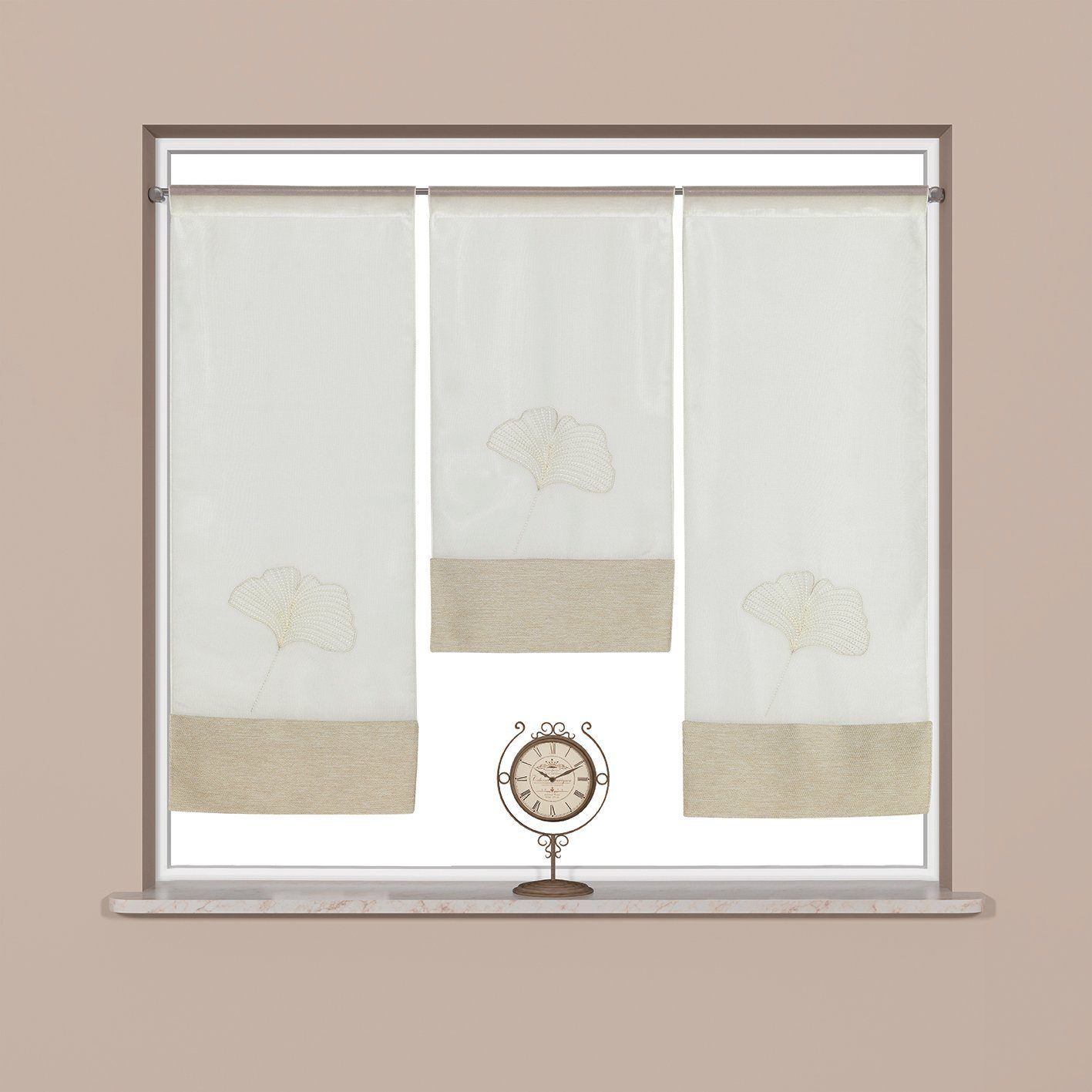 Scheibengardine Design Mini Flächenvorhang Set, weiß beige, Ginkgo 4021-01, Clever-Kauf-24, Stangendurchzug (3 St), transparent