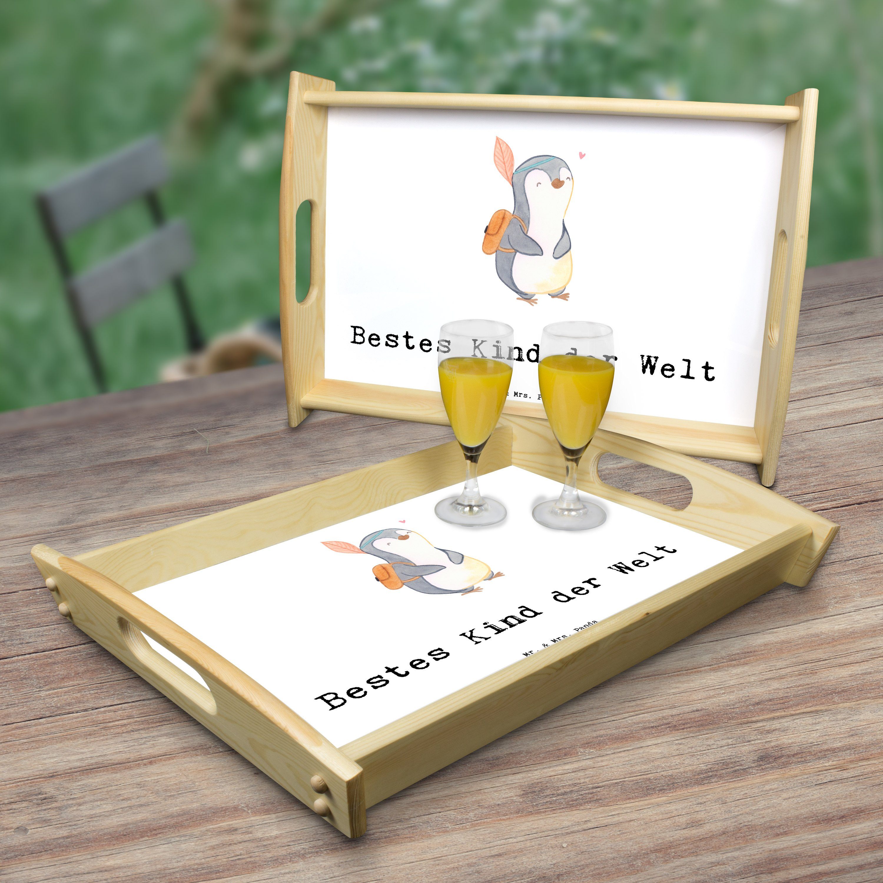 lasiert, Kind Bestes Geburtstag, - Tablett Pinguin (1-tlg) Bedanken, Geschenk, Mr. Welt & Panda der Echtholz Weiß Mrs. -