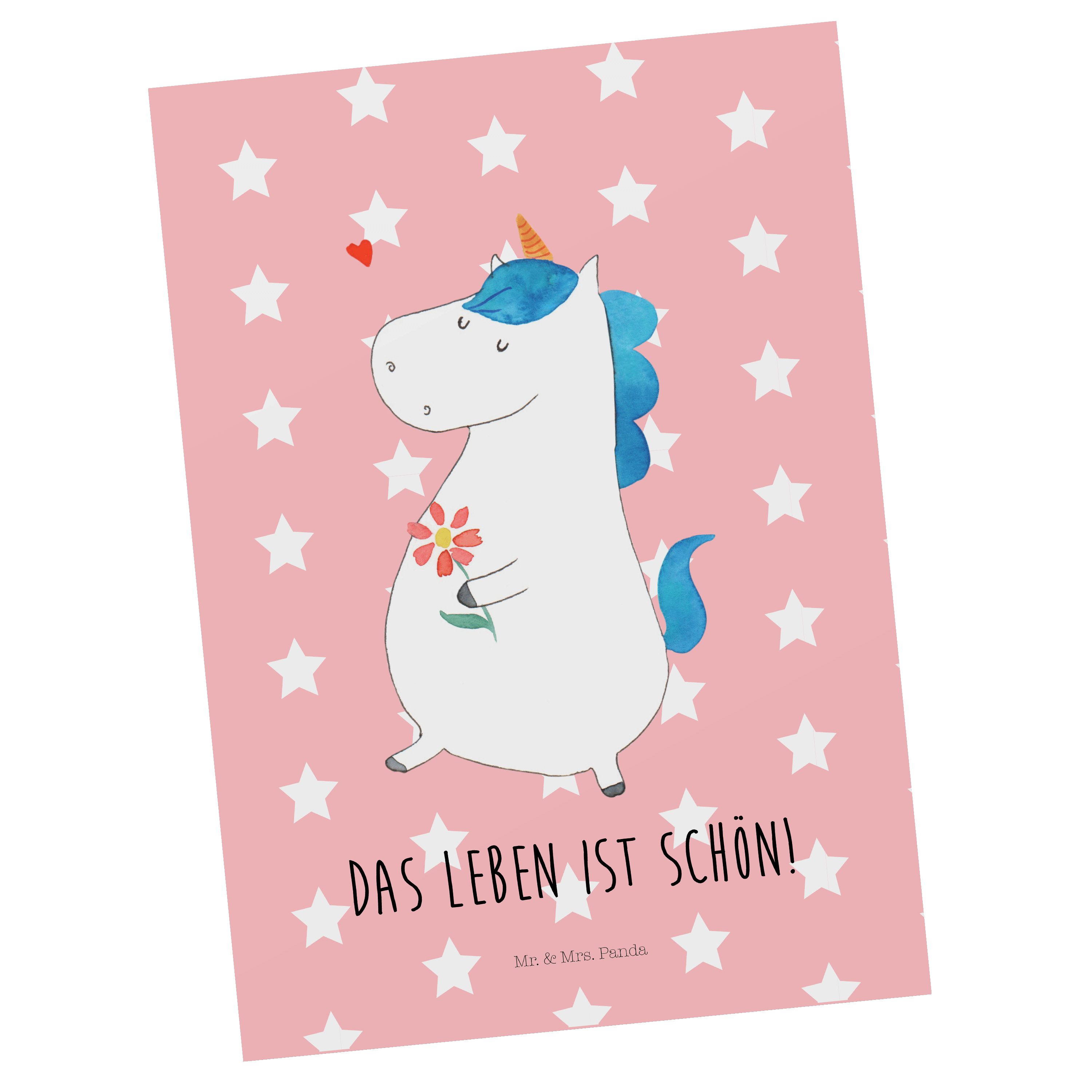Mr. & Mrs. Panda Postkarte Einhorn Spaziergang - Rot Pastell - Geschenk, Geschenkkarte, Freundin