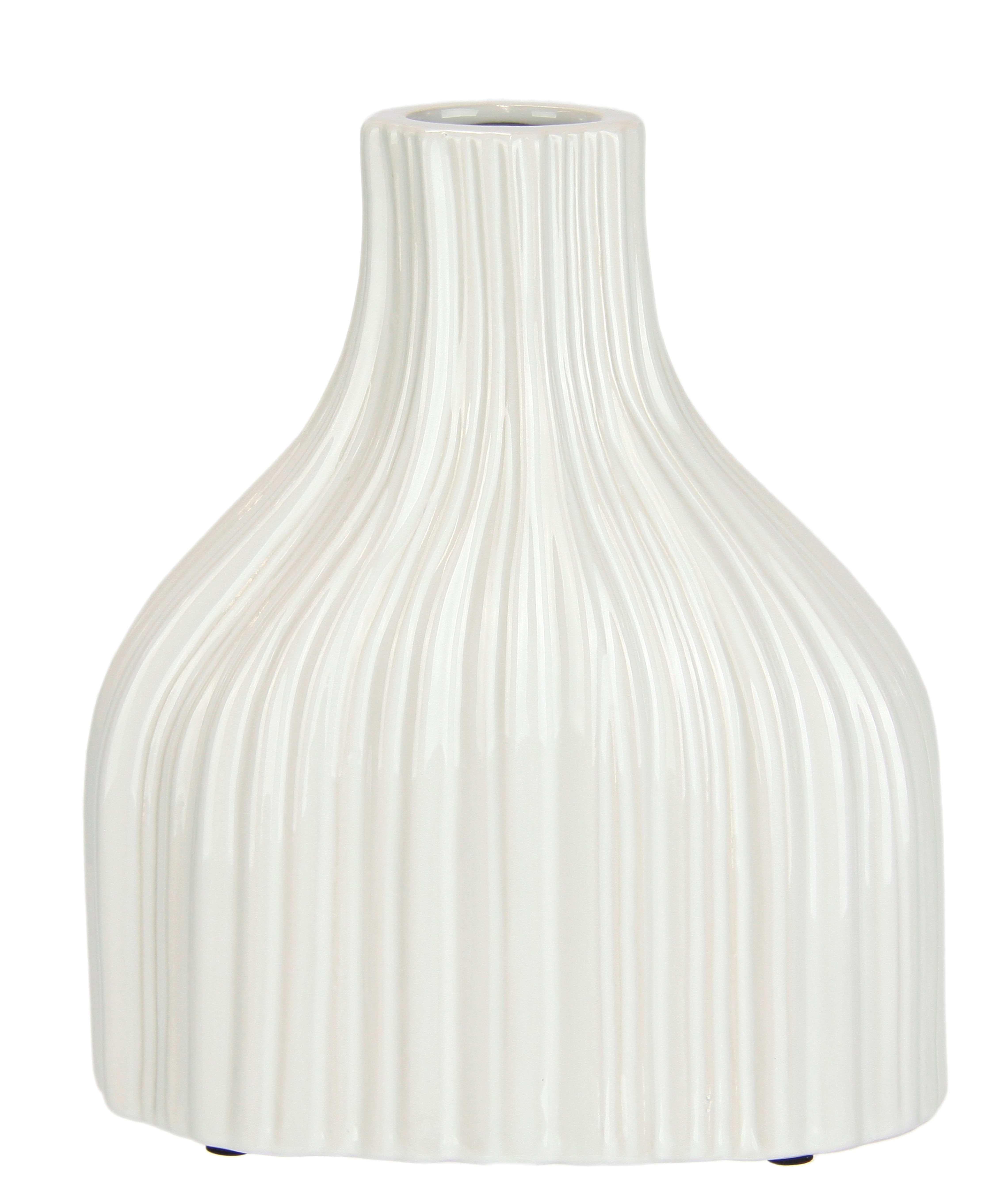 Dekovase Blumenvase aus Keramik, geriffelt, bauchig, glänzend, Keramikvase