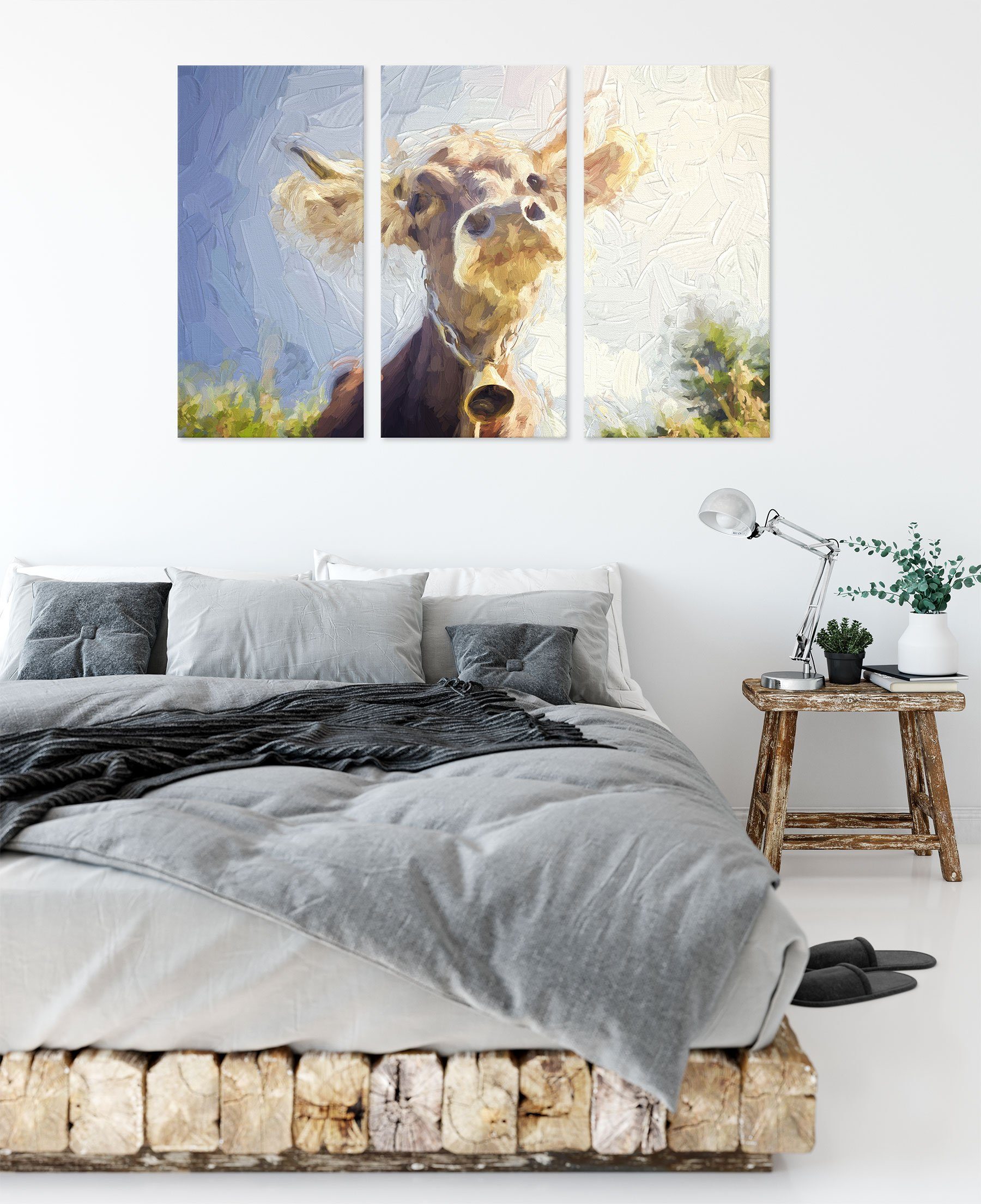 Portrait einer inkl. Leinwandbild St), fertig Kuh Portrait einer Kuh, (120x80cm) Zackenaufhänger Pixxprint Leinwandbild (1 bespannt, 3Teiler