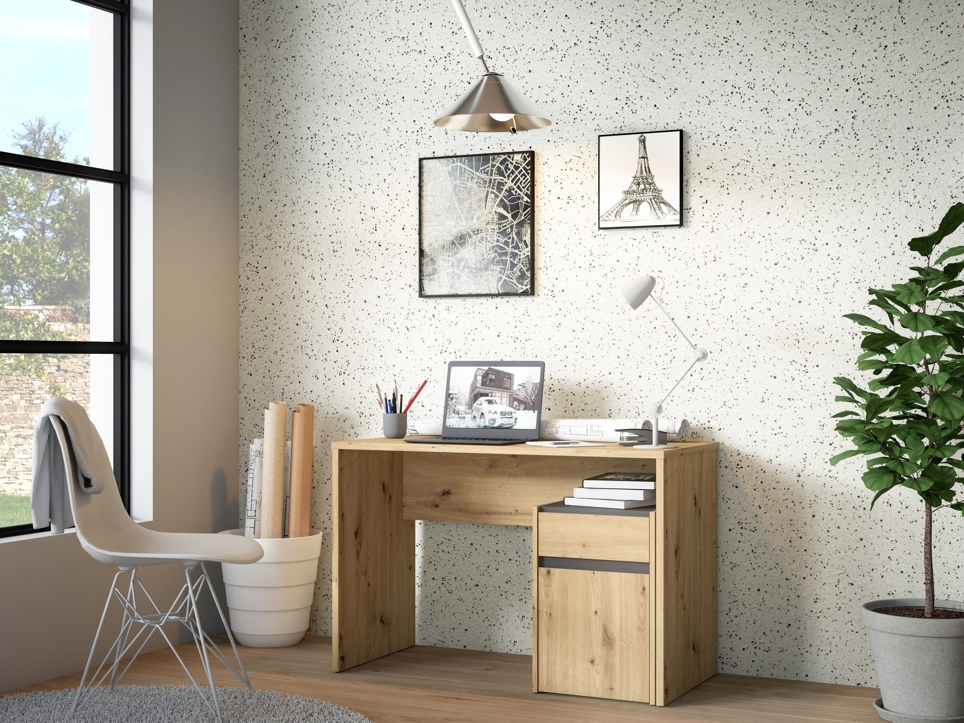 FORTE Schreibtisch in Artisan Eiche Dekor / Grau - 110x72,7x52,7cm B/H/T