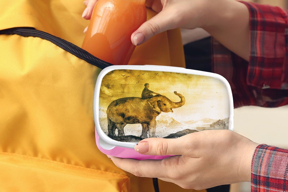 Lunchbox rosa Kind Erwachsene, Elefant (2-tlg), - für - Aquarell, Kinder, - Kunststoff MuchoWow Mädchen, Kunststoff, Brotdose Brotbox Snackbox, Berg