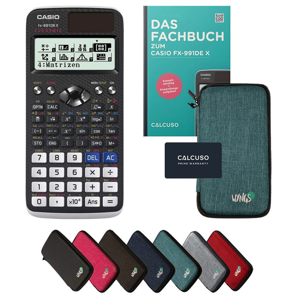 CASIO Taschenrechner fx-991DE X inkl. Schutztasche Türkis & Fachbuch (128 Seiten, DIN A5)