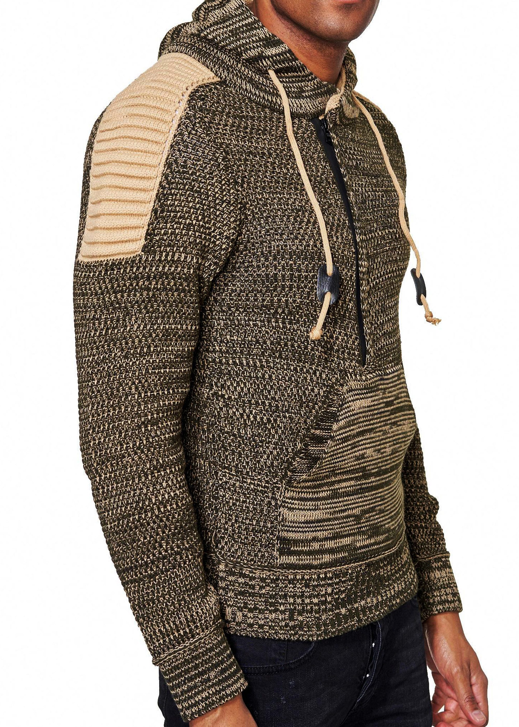 R-NEAL Kapuzenpullover Streetwear Kapuzen-Pullover Grobstrick Zipped Strickpullover