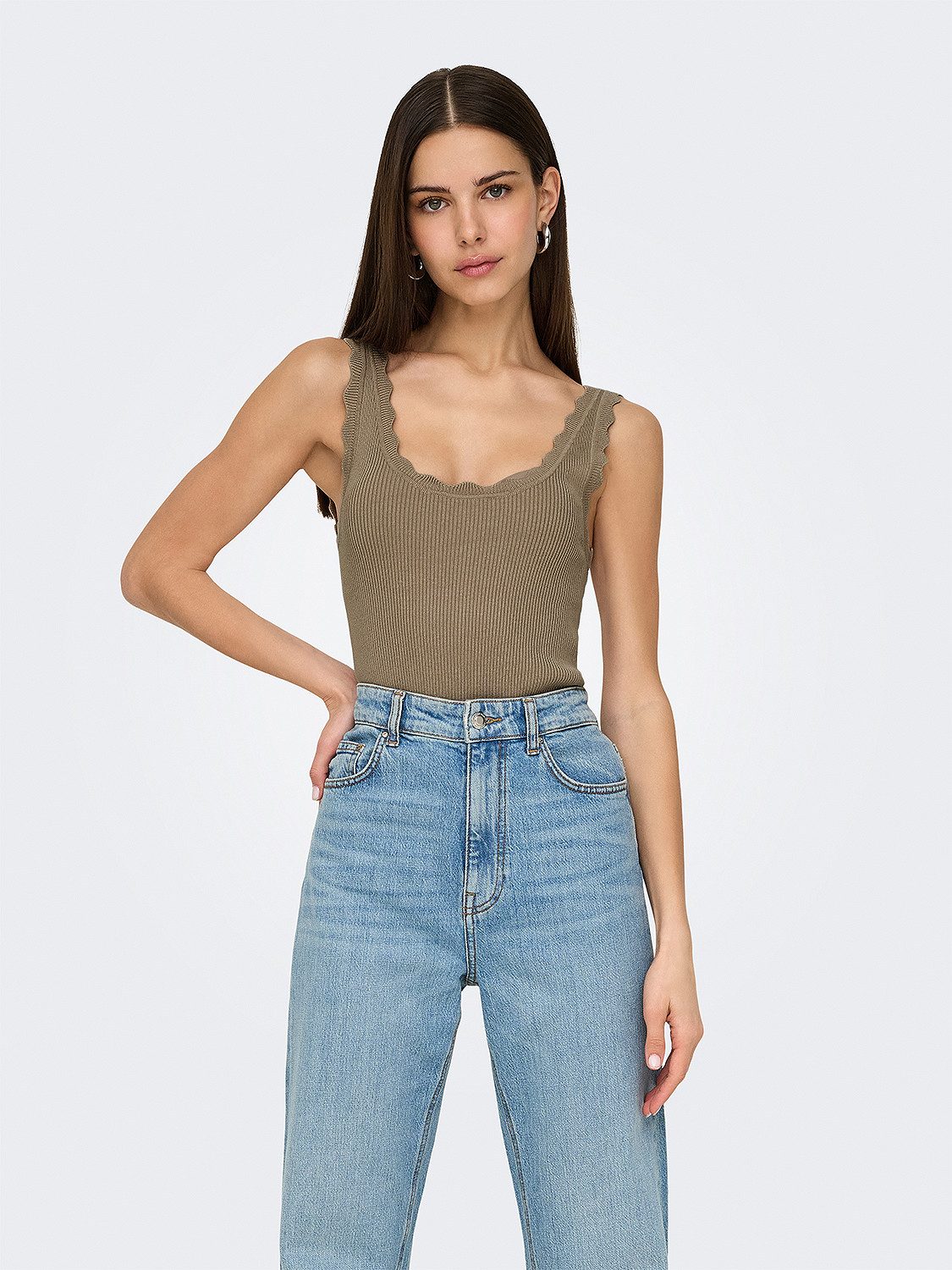 JACQUELINE de YONG Shirttop Gerippt Stricktop mit Muschelsaum JDYNANNA S/L SCALLOP EDGE TOP KNT