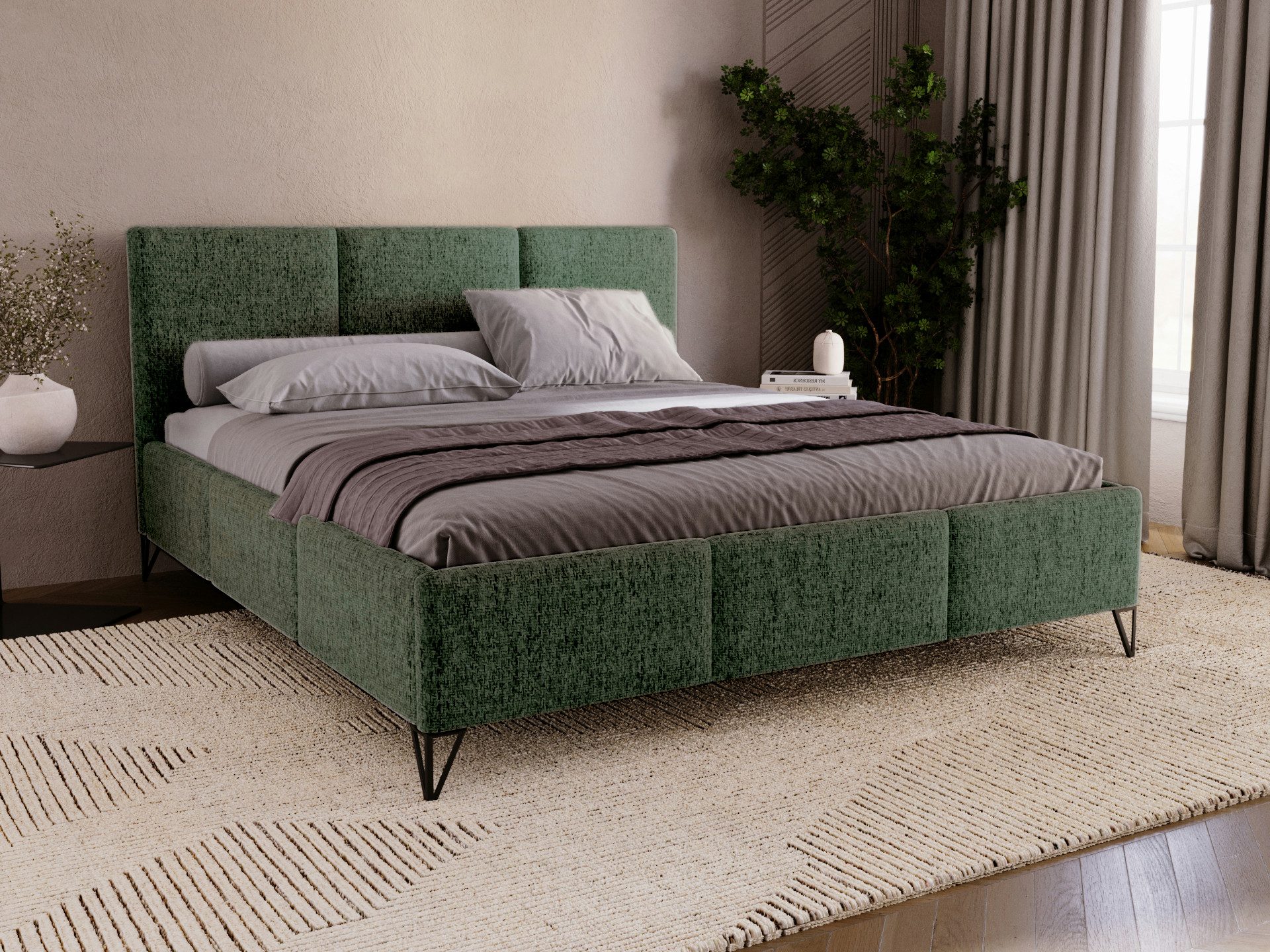 Compleo Polsterbett auf hohen Füße, geflechtartiger Stoff im Retro-Stil, Designerbett