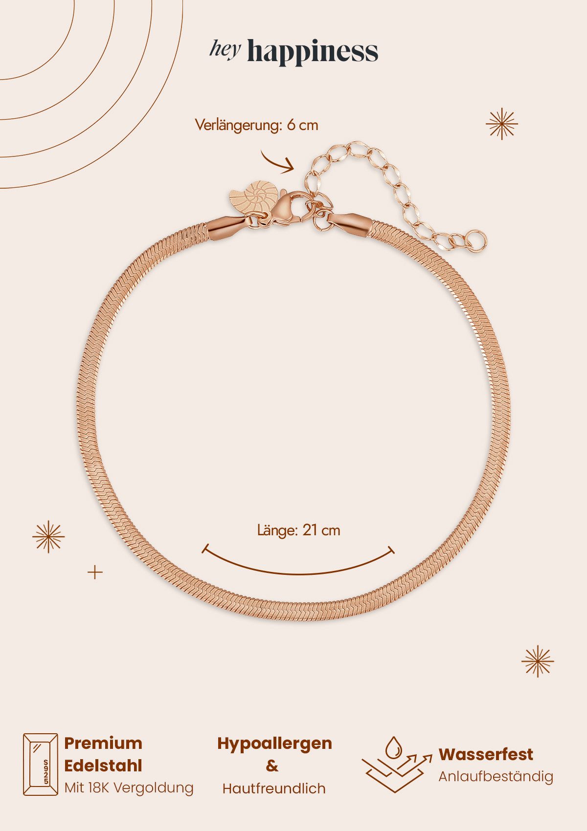 Hey Happiness Fußkette Schlange flach, Fußkettchen 18K Roségold Gold, Damen Fußband Edelstahl, wasserfest – Bild 5 von 5