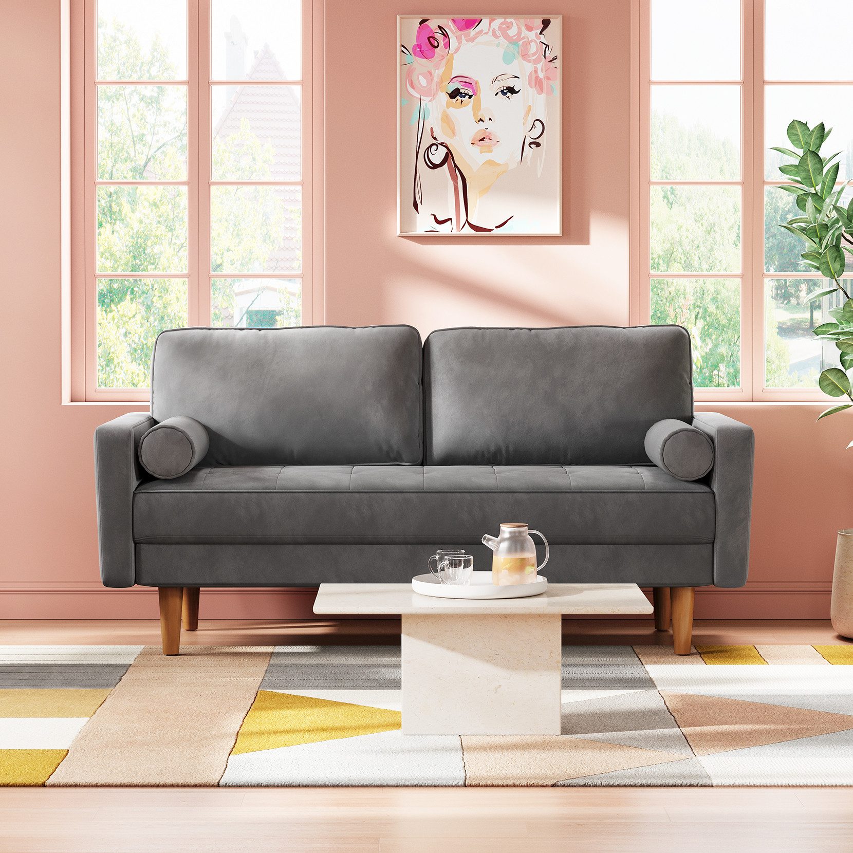 OUNUO Sofa 121cm Kleines Loveseat Sofa, Samtcouch mit 2 Wurfkissen günstig online kaufen