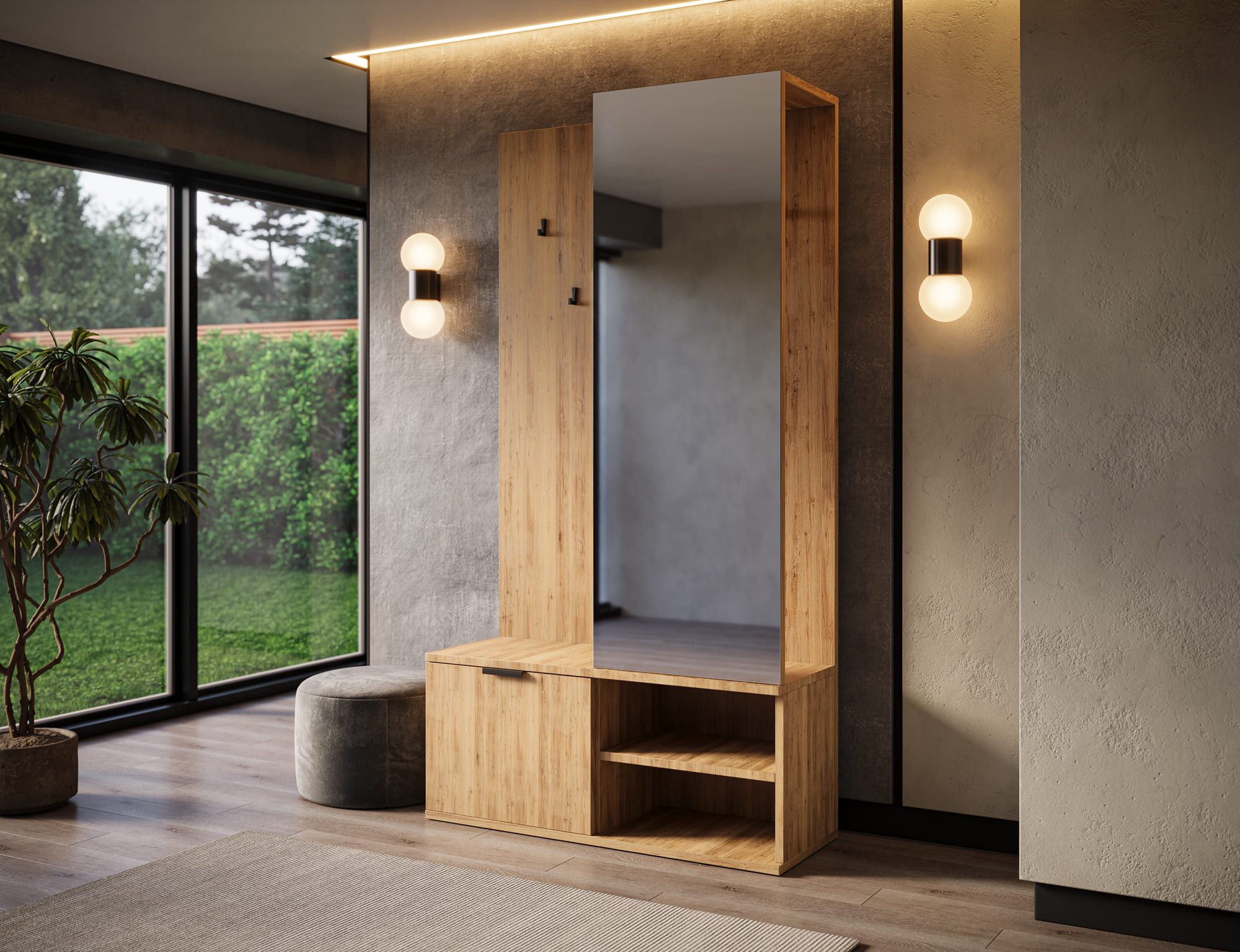 MOEBLO Garderobenschrank VALENTIA (mit Spiegel, Drehtürenschrank, Spiegeltür, Kleiderstange und Regale, Wandschrank Regal Diele & Flur Kleiderschrank Schuhschrank) (BxHxT: 100x189x35cm)