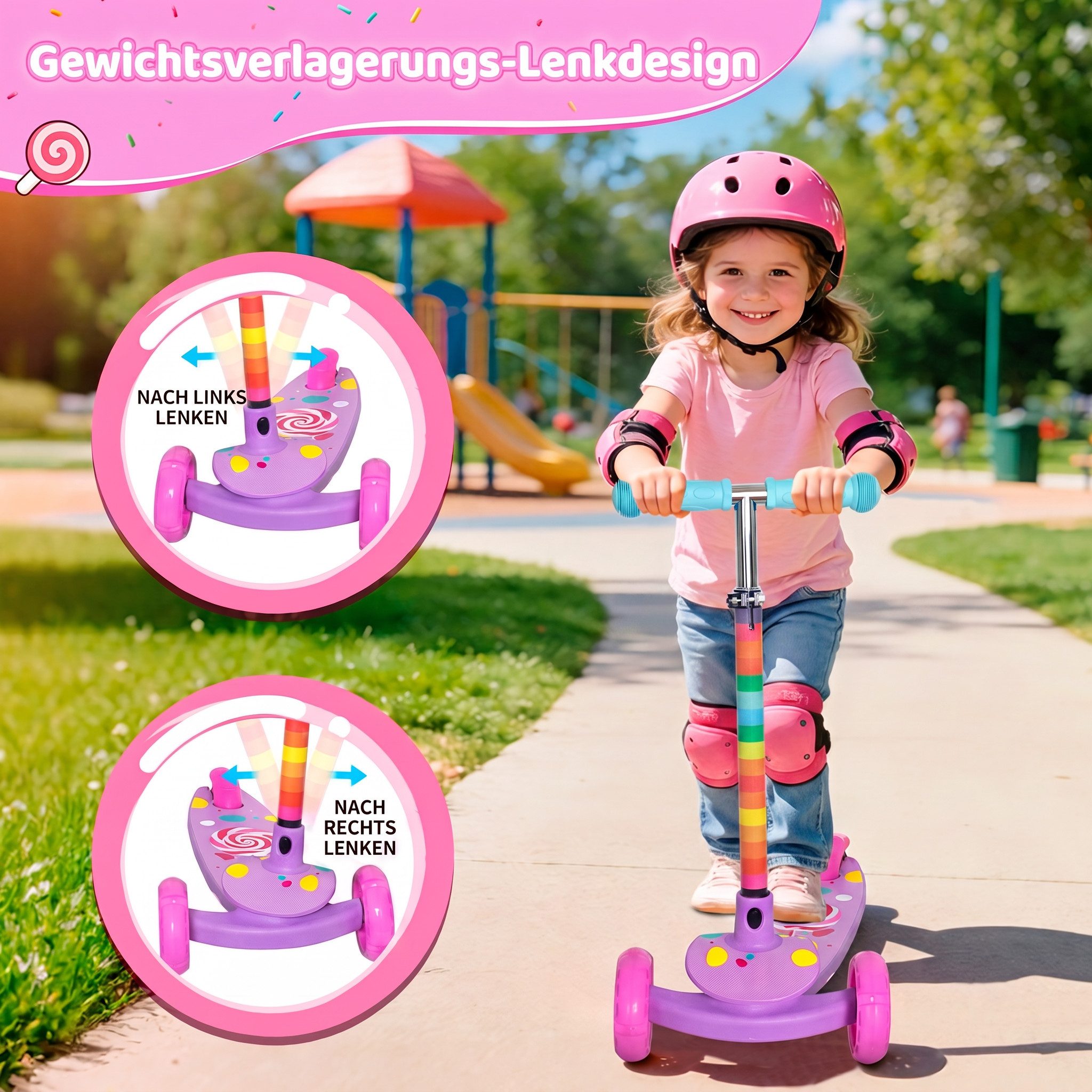 Nattork Scooter dreirädriger Kinderroller ab 3–6 Jahren mit blinkenden LED-Rädern, (1 tlg), Höhenverstellbarer Kinderscooter für Mädchen und Jungen – Bild 4 von 5