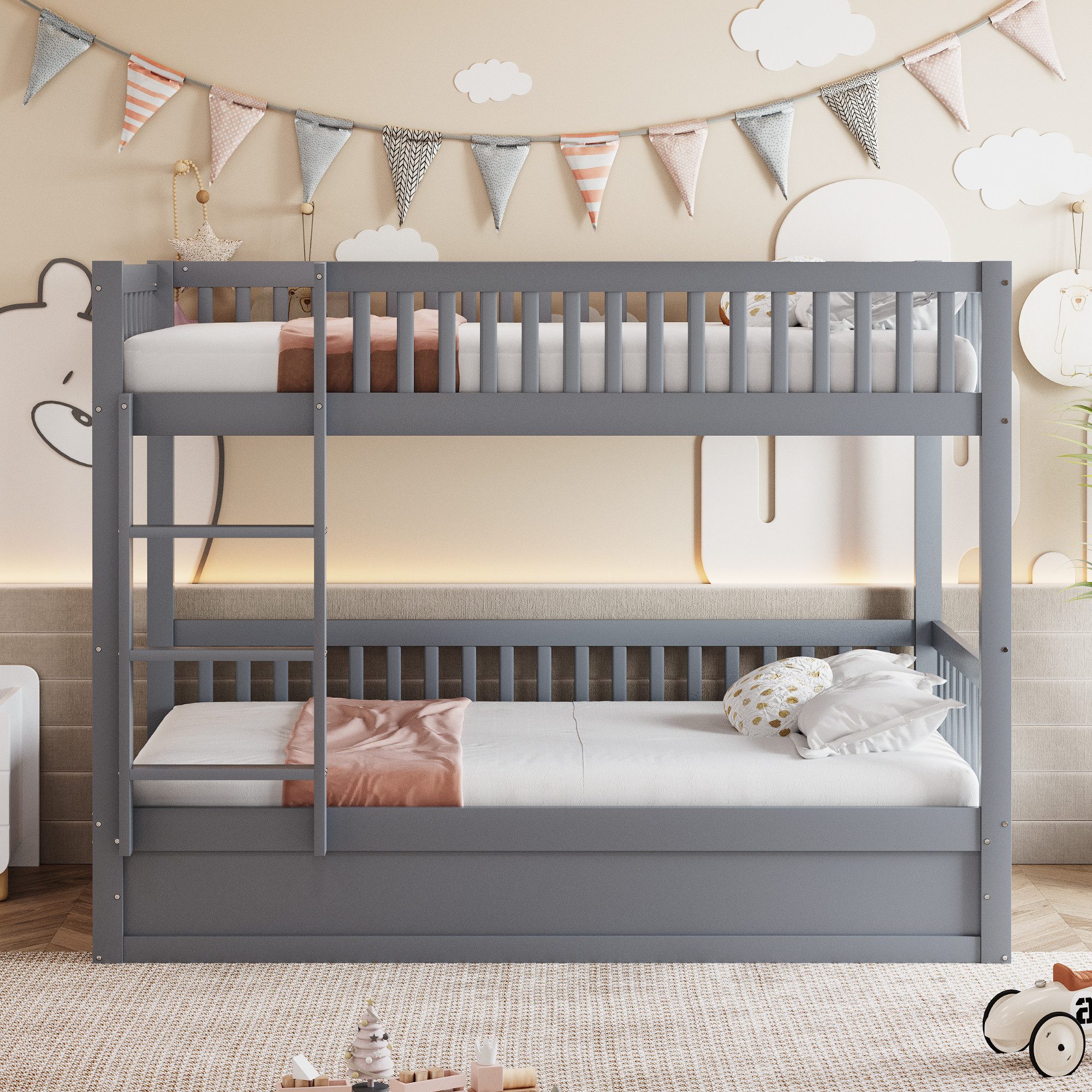 Merax Etagenbett (Kiefernholz Stockbett Stauraumbett, 205 x 95 x 150 cm, 1-St), Kinderbett 90x200cm mit hydraulischem Stauraum Leiter Rausfallschutz