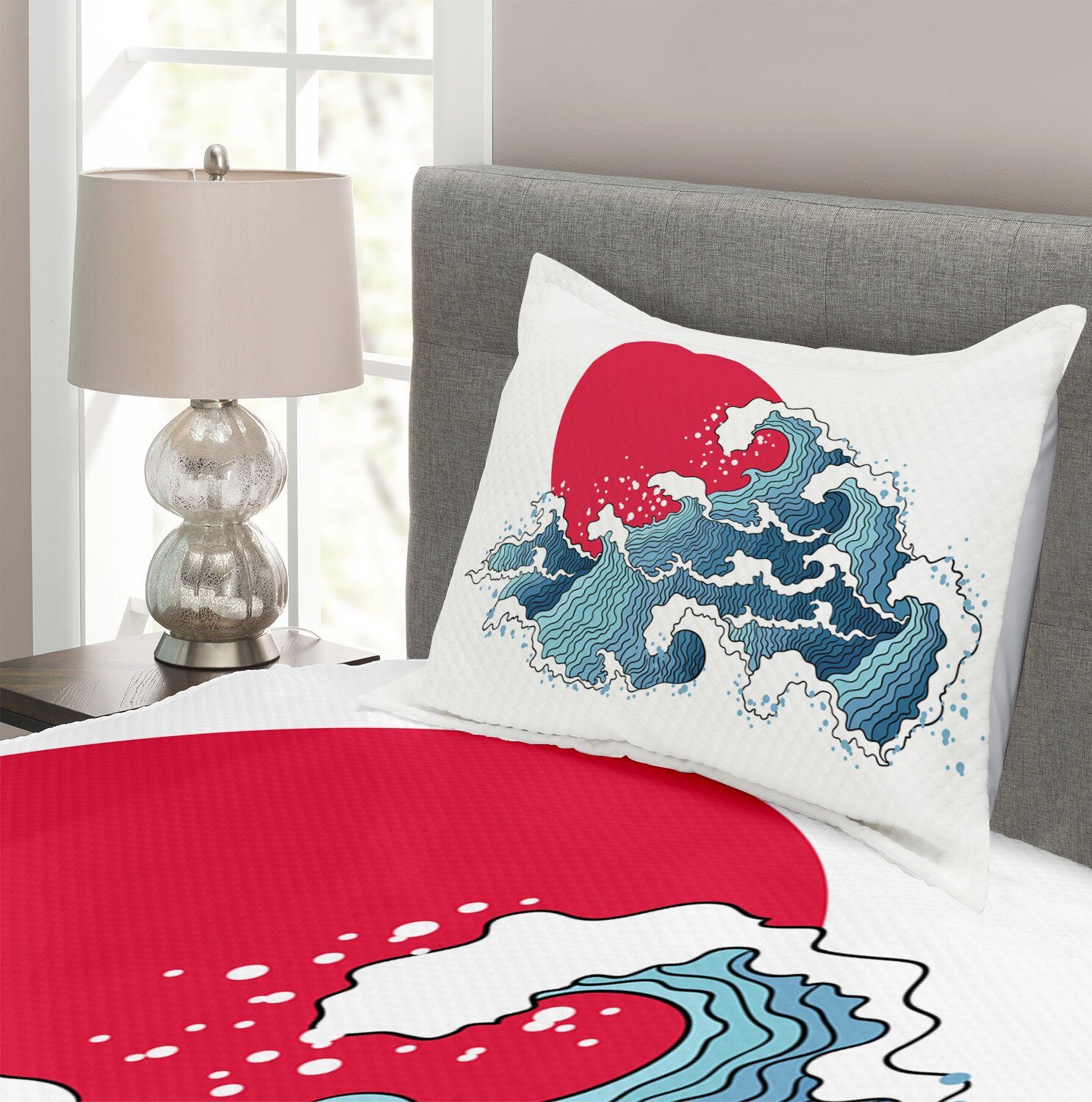 Tagesdecke Set wave-Illustration mit Kissenbezügen Abakuhaus, japanisch Waschbar