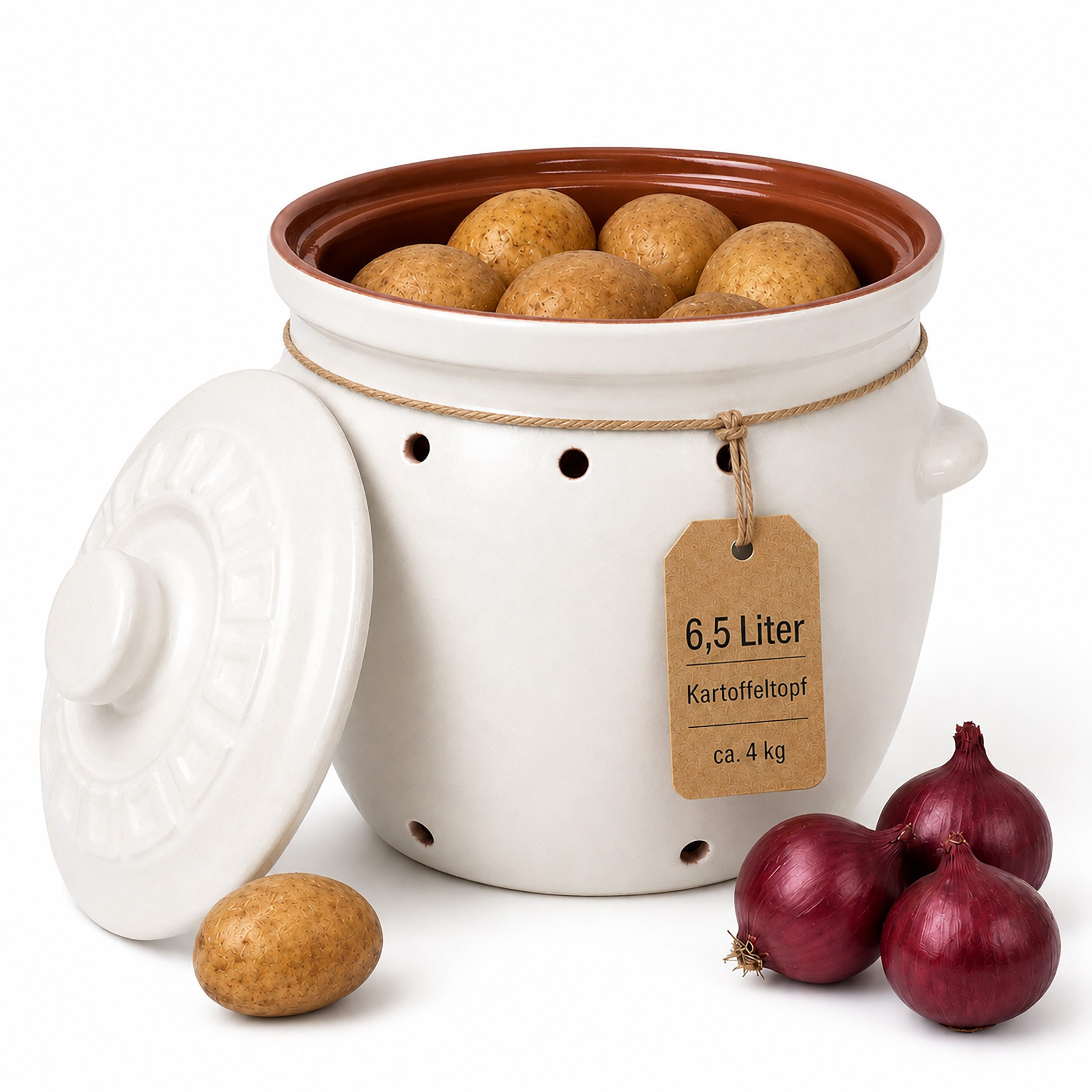 KERAZO Vorratsdose 6,5 Liter Kartoffeltopf & Zwiebeltopf mit Deckel aus Steingut, weiß, Steingut, Unterstützt eine dunkle und gut belüftete Aufbewahrung von Kartoffeln