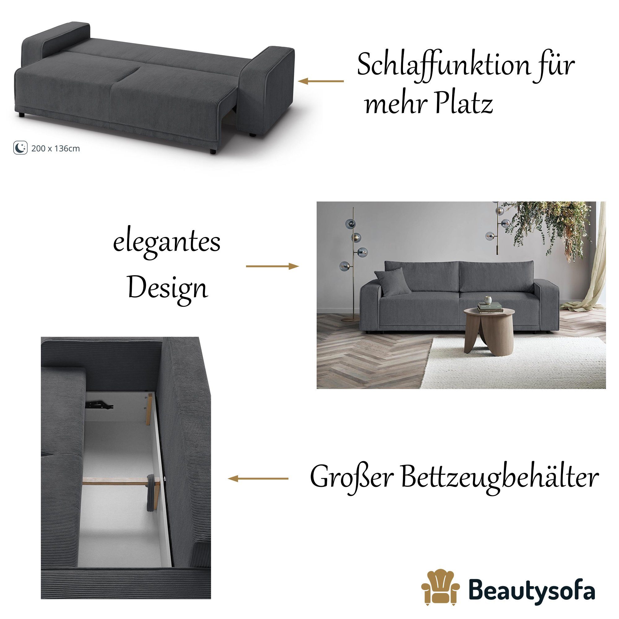 Beautysofa Schlafsofa PRIMO, modernes Schlaffunktion, (poso breite Bettkasten, Dunkelgrau 34) Design Armlehnen Wellenfedern, Sofa