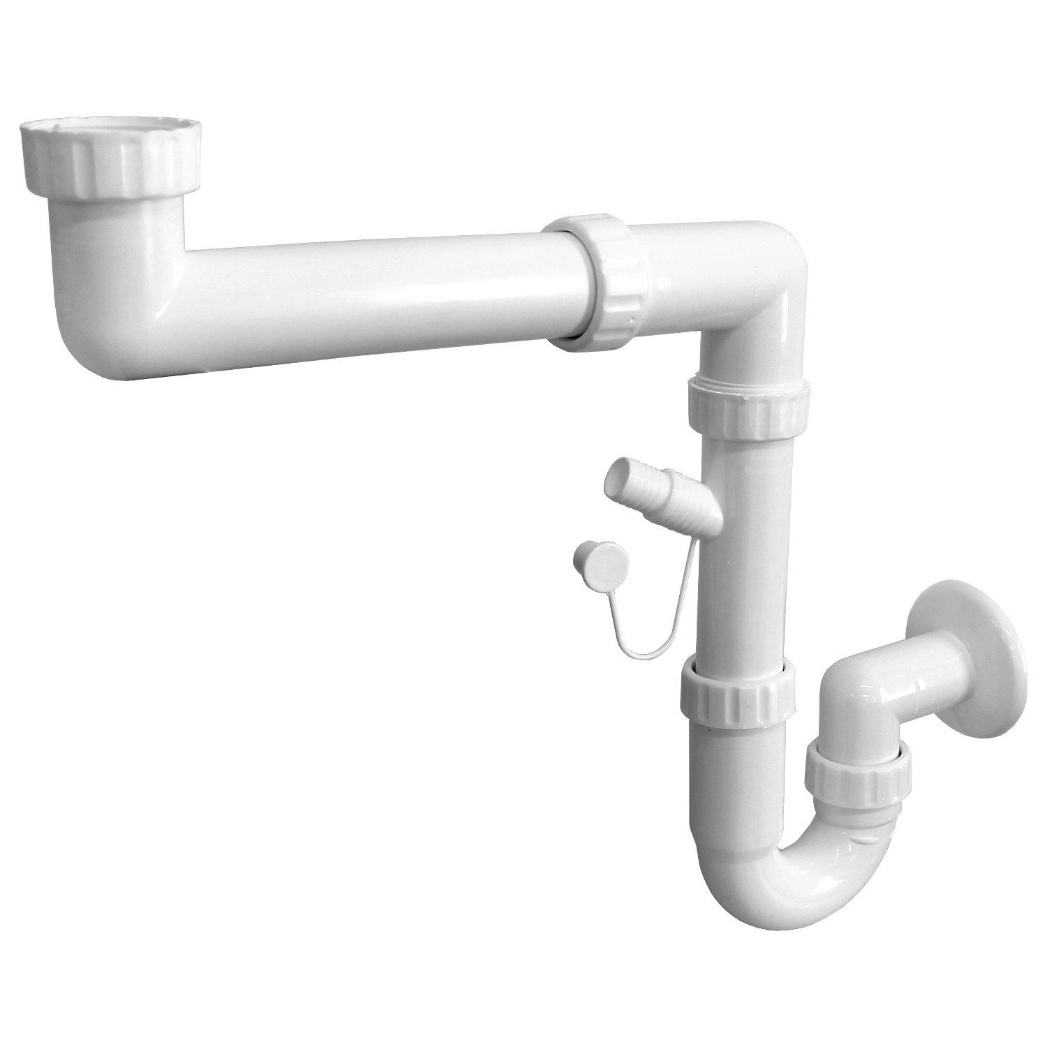 Sanixa Siphon weiß Kunststoff Ablauf Wachbecken Spülbecken, (Anschluss für Spülmaschine Waschmaschine), Raumsparsiphon mit Geräteanschluss weiß